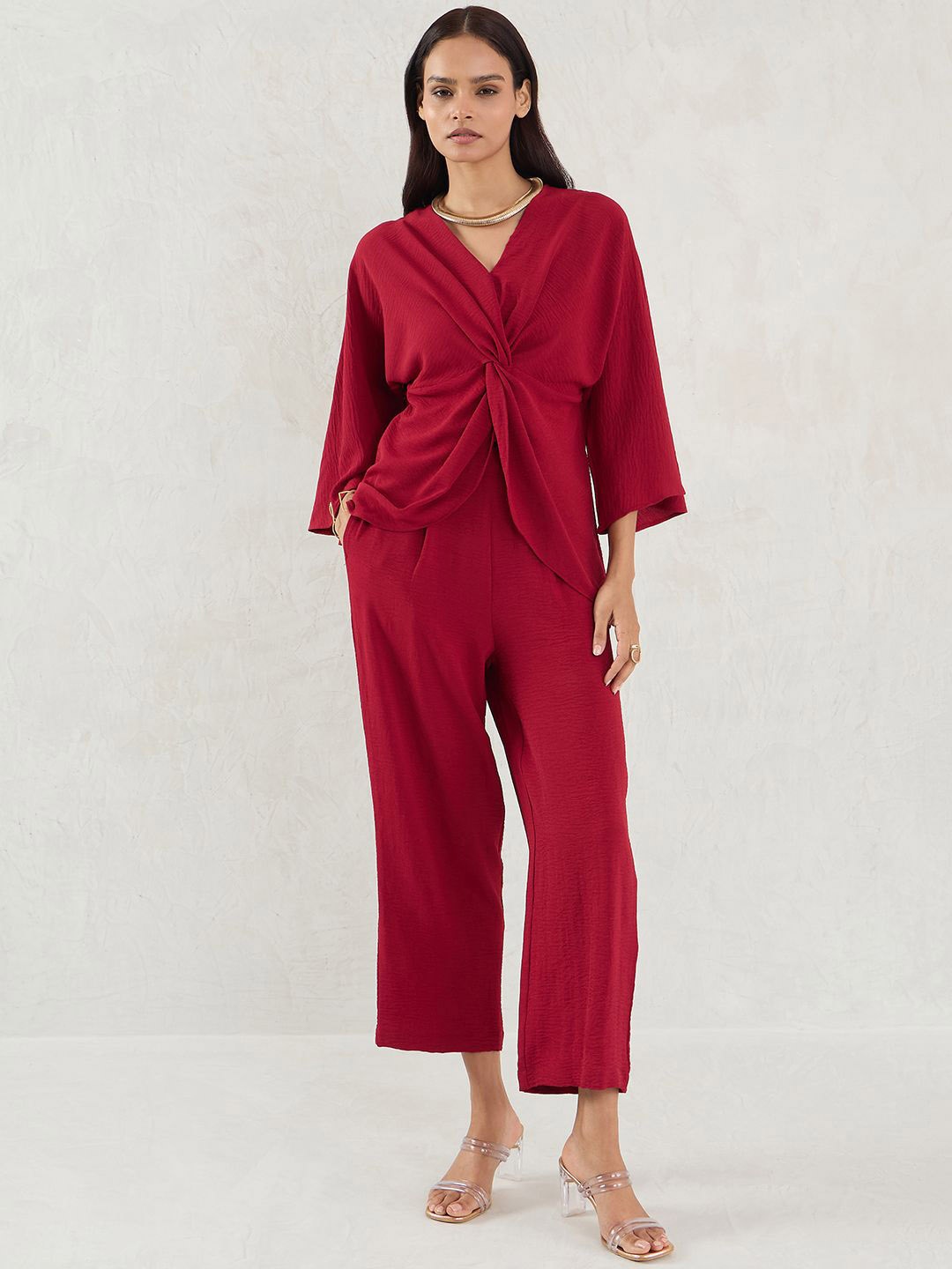 

FEMMELLA V-Neck Twisted Knot Top With Trouser, Red