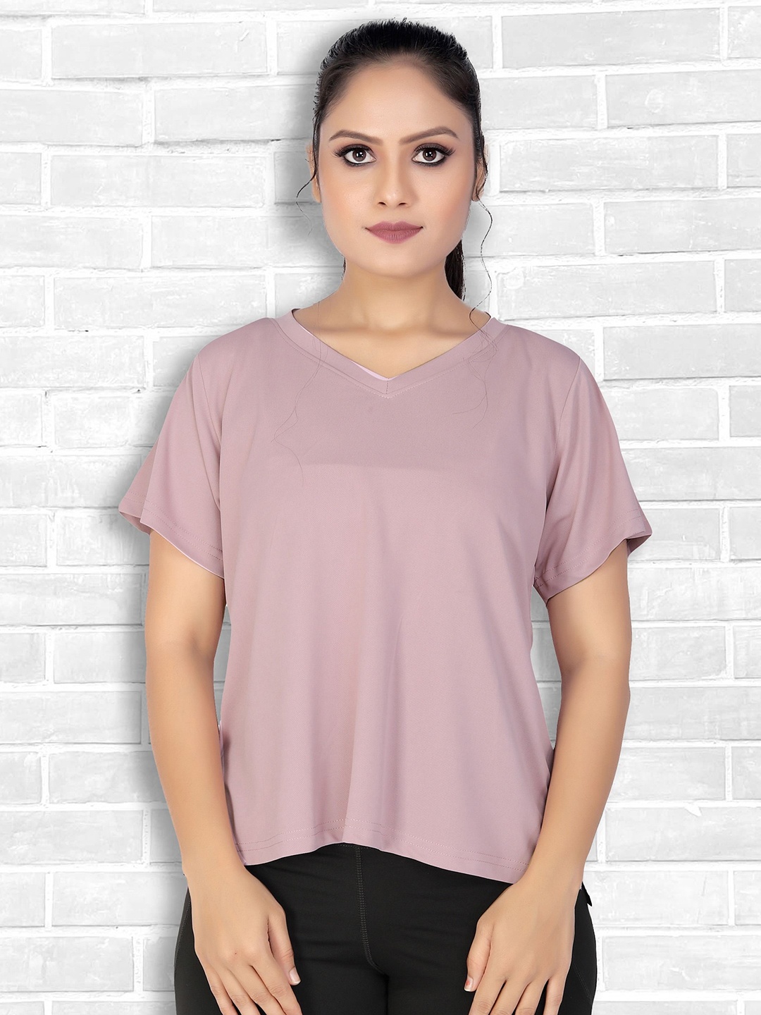 

MYO2 Women Solid V-Neck T-shirt, Mauve