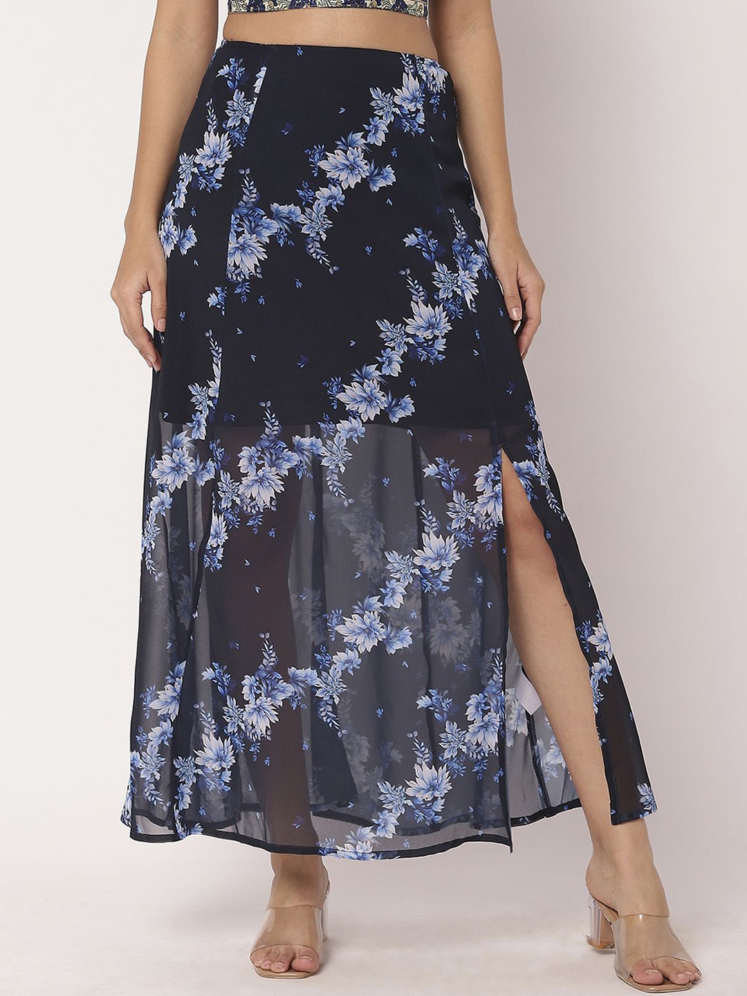 

Moomaya Women Printed A-Line Ankle Length Side Slit Cut Skirt, Blue