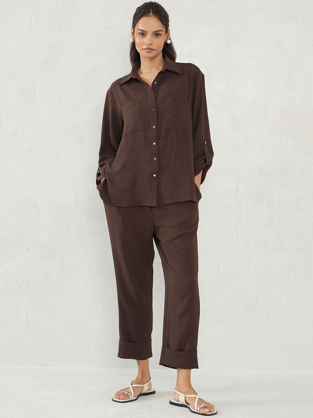 

FEMMELLA Long Sleeves Shirt With Trouser, Brown
