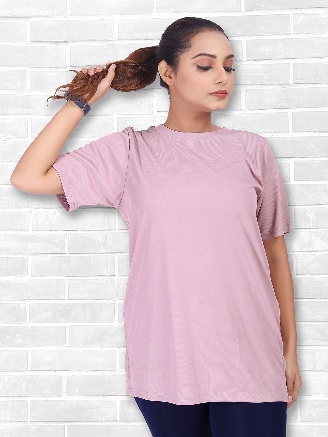 

MYO2 Women Solid Round Neck Oversized T-shirt, Pink