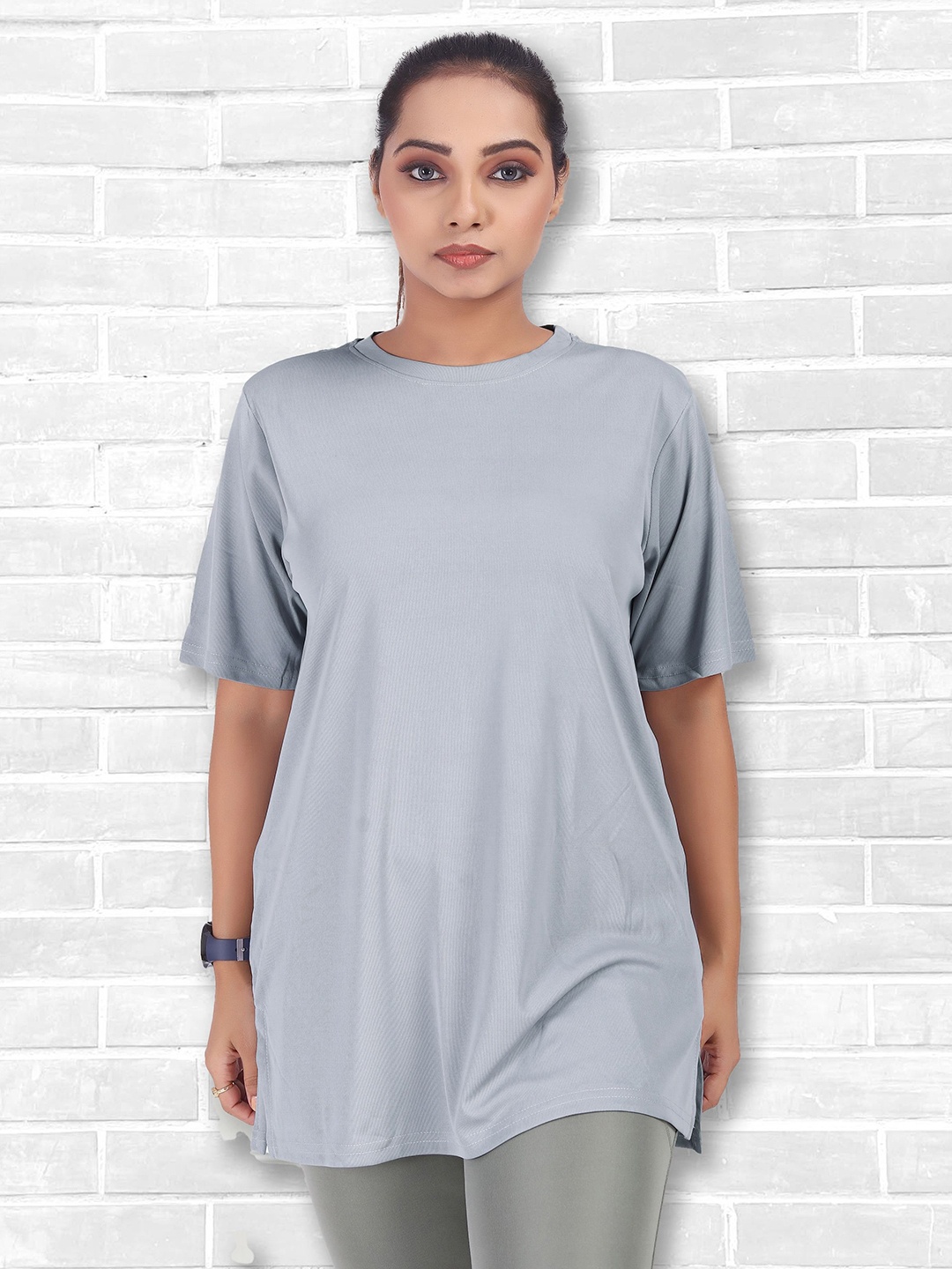 

MYO2 Women Solid Round Neck Oversized Sports T-shirt, Grey