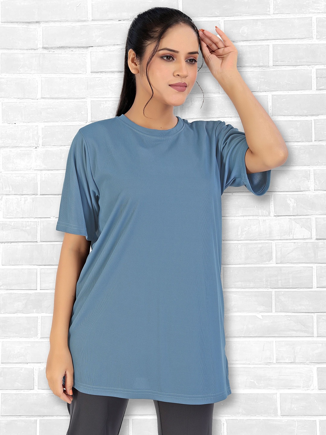 

MYO2 Women Solid Round Neck Oversized T-shirt, Blue