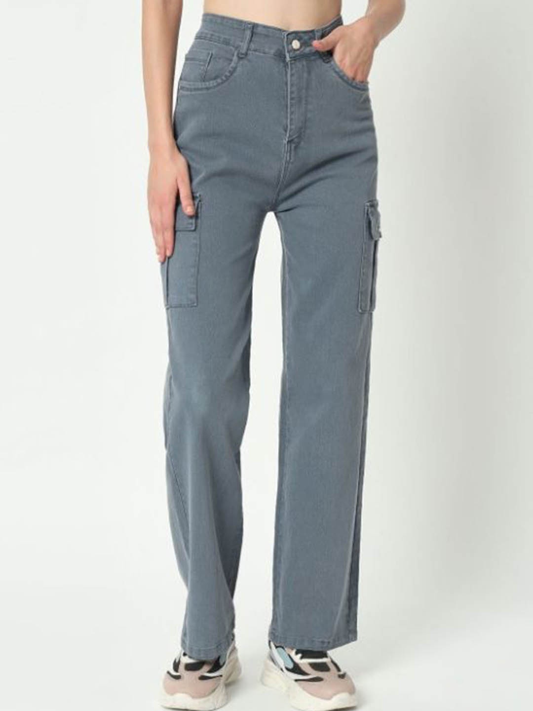 

Sipsew Women Jean Straight Fit High-Rise Stretchable Cargo Jeans, Grey