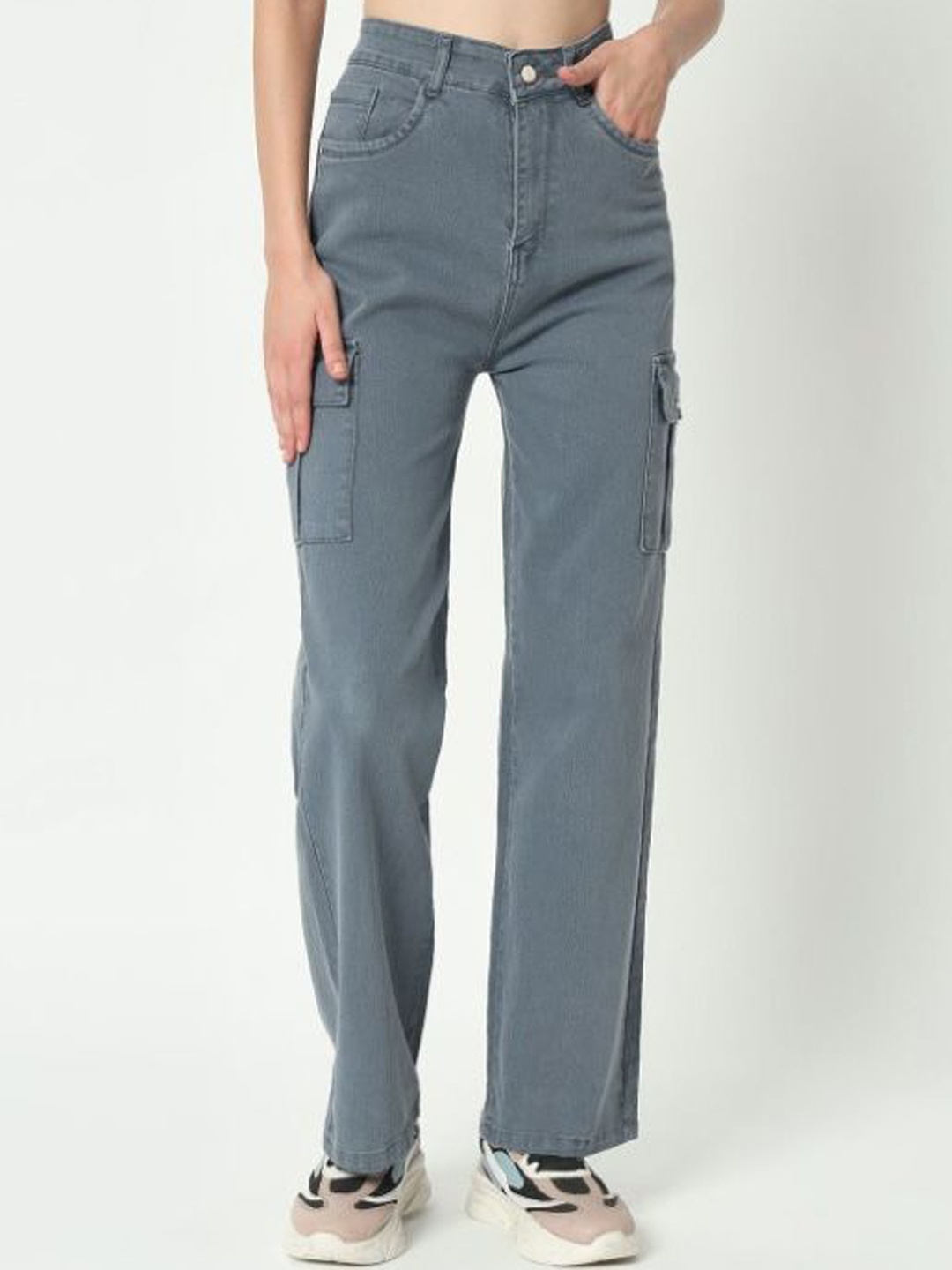 

Sipsew Women Straight Fit High-Rise Stretchable Cargo Styles Jeans, Grey