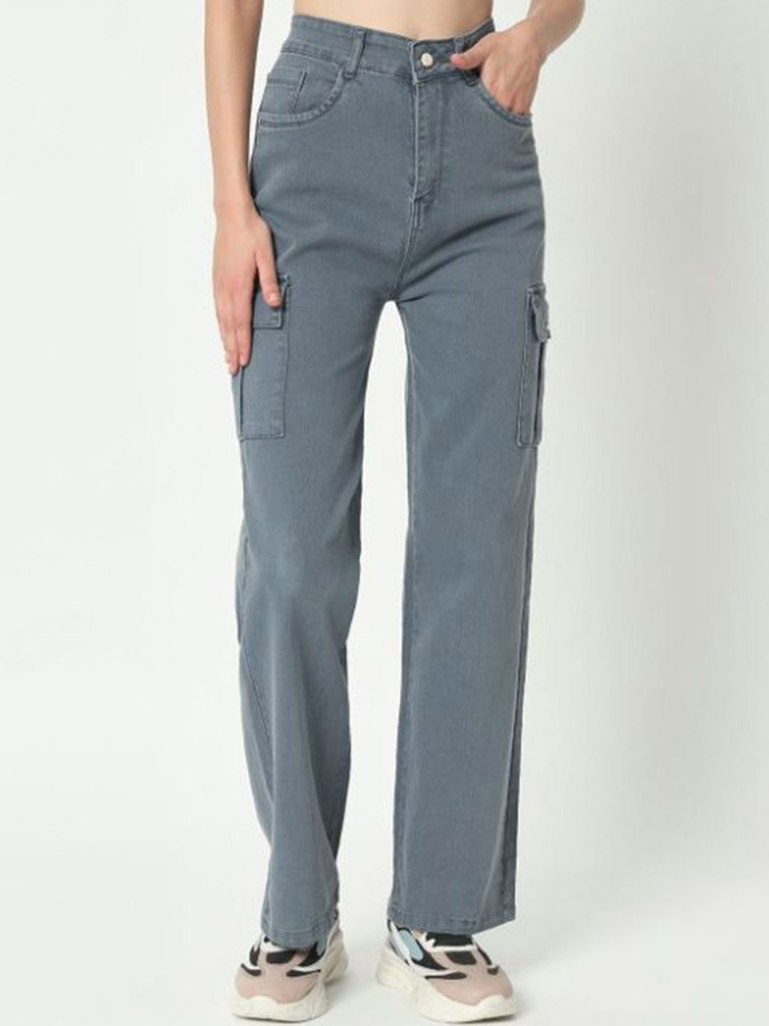 

Sipsew Women Straight Fit High-Rise Stretchable Cargo Styles Denim Jeans, Grey