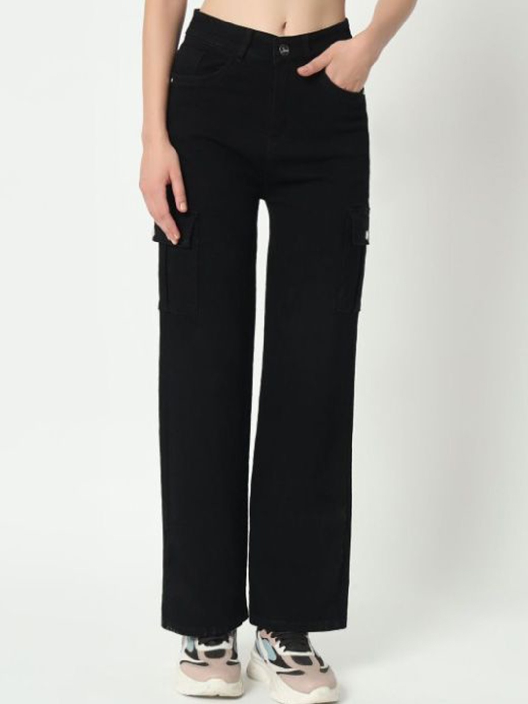 

Sipsew Women Jean Straight Fit Mid-Rise Stretchable Cargo Jeans, Black