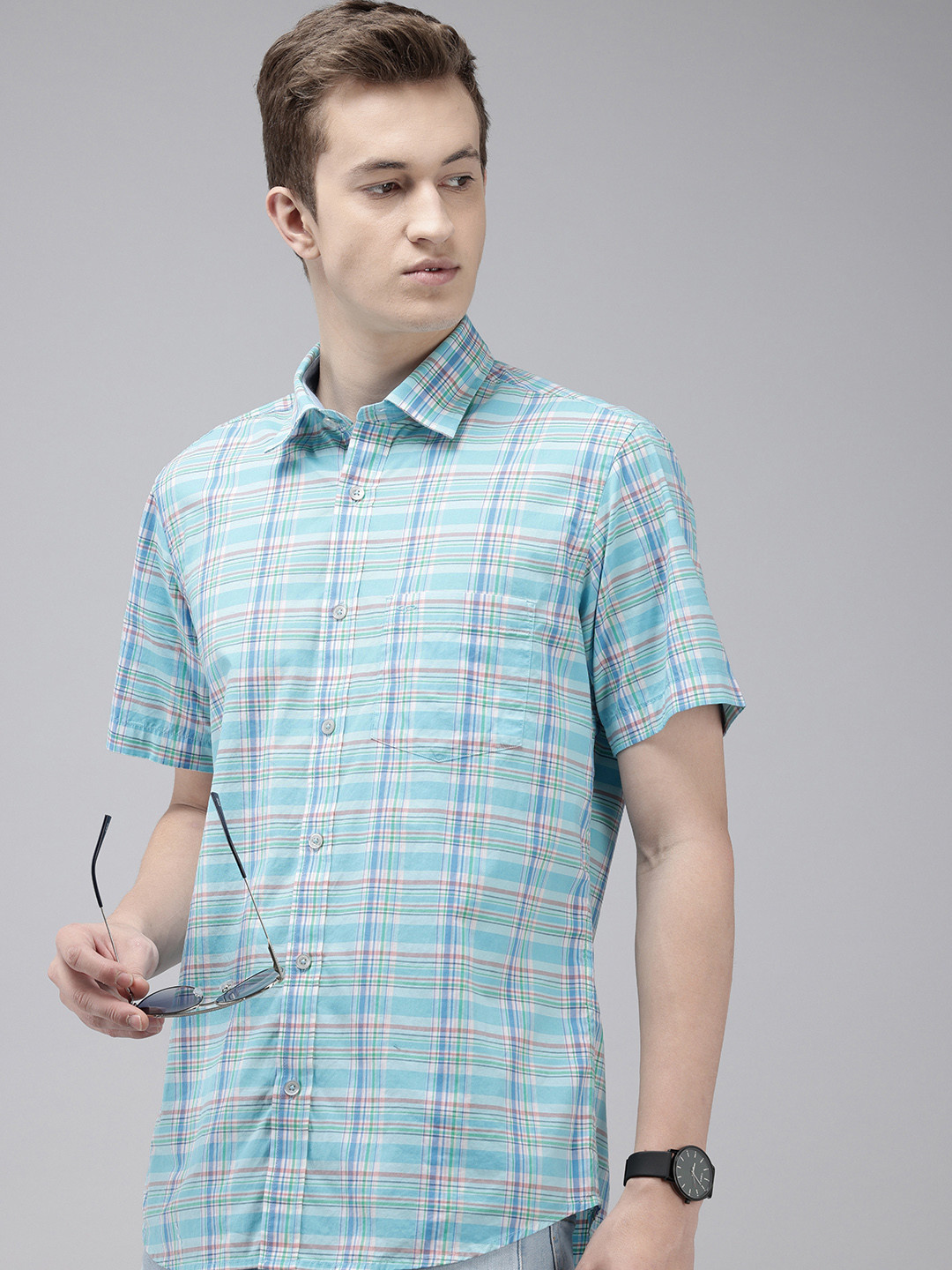 

ColorPlus Tailored Fit Checked Pure Cotton Casual Shirt, Blue