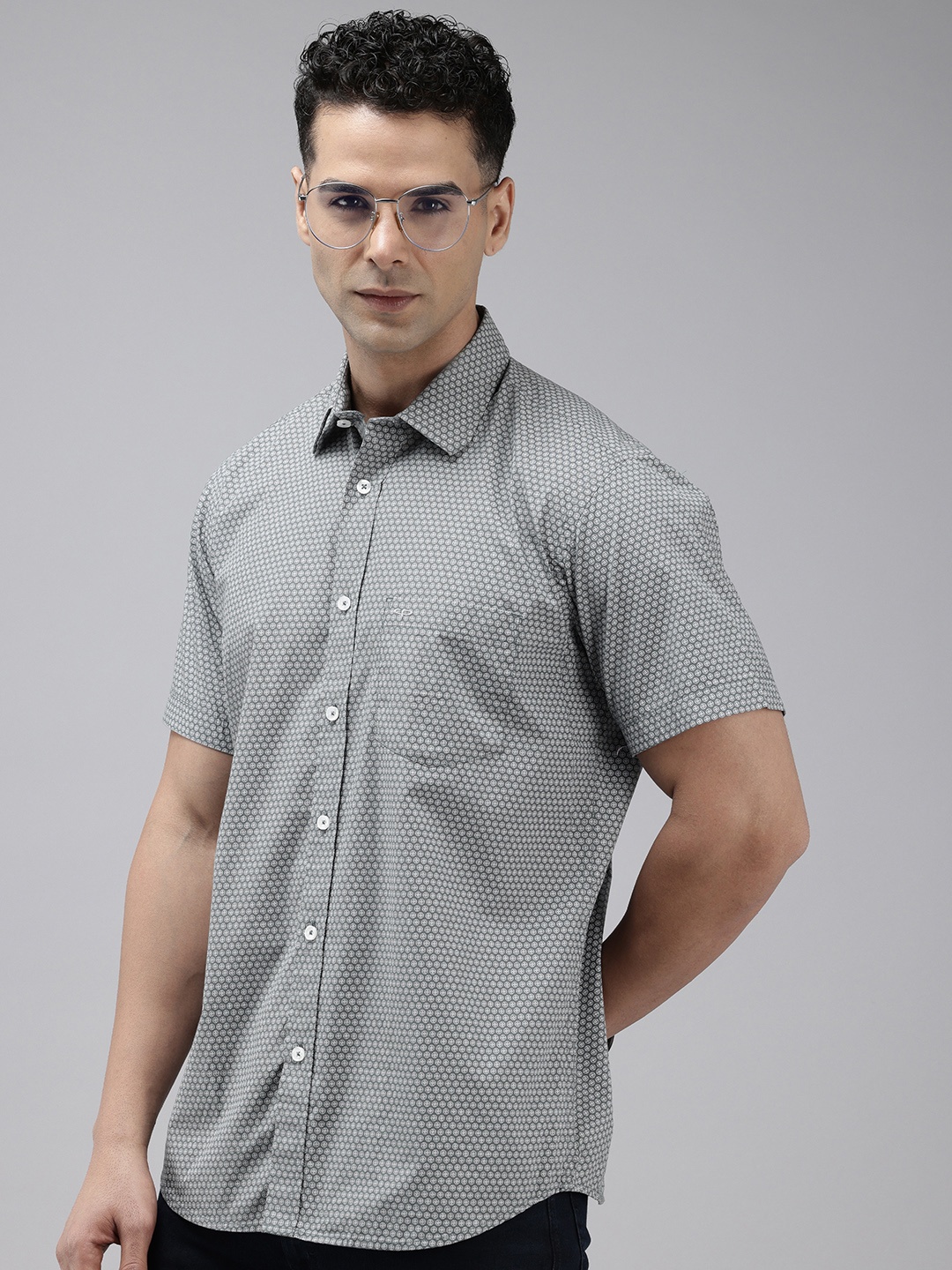 

ColorPlus Geometric Printed Pure Cotton Casual Shirt, Grey