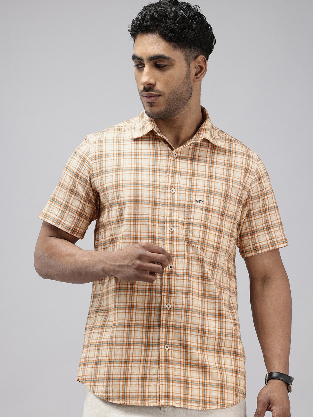 

ColorPlus Pure Cotton Checked Casual Shirt, Beige