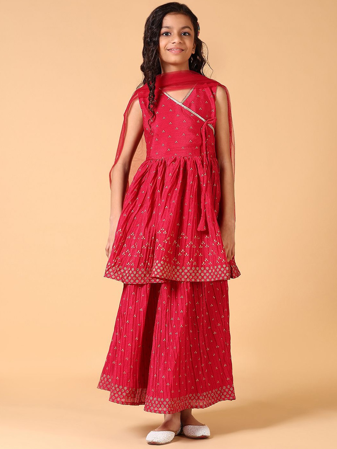 

V-Mart Girls Ethnic Motifs Printed Angrakha Kurti with Skirt & With Dupatta, Pink