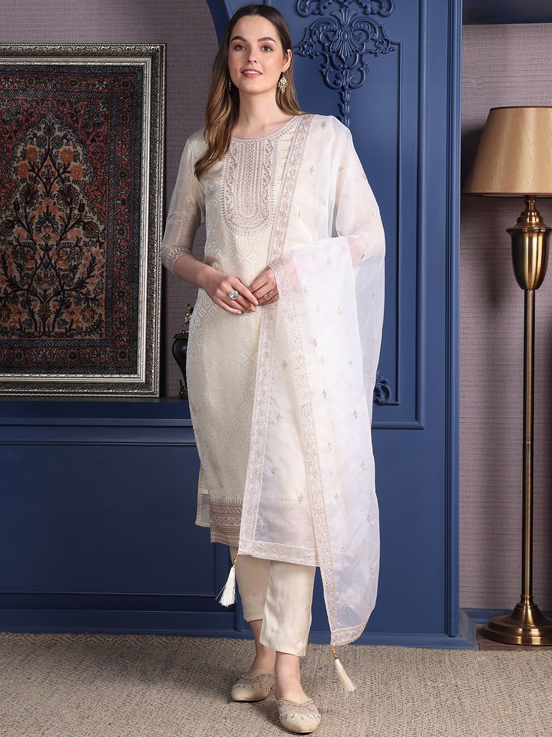 

KALINI Bandhani Woven Design Zari Straight Kurta With Trousers And Dupatta, White