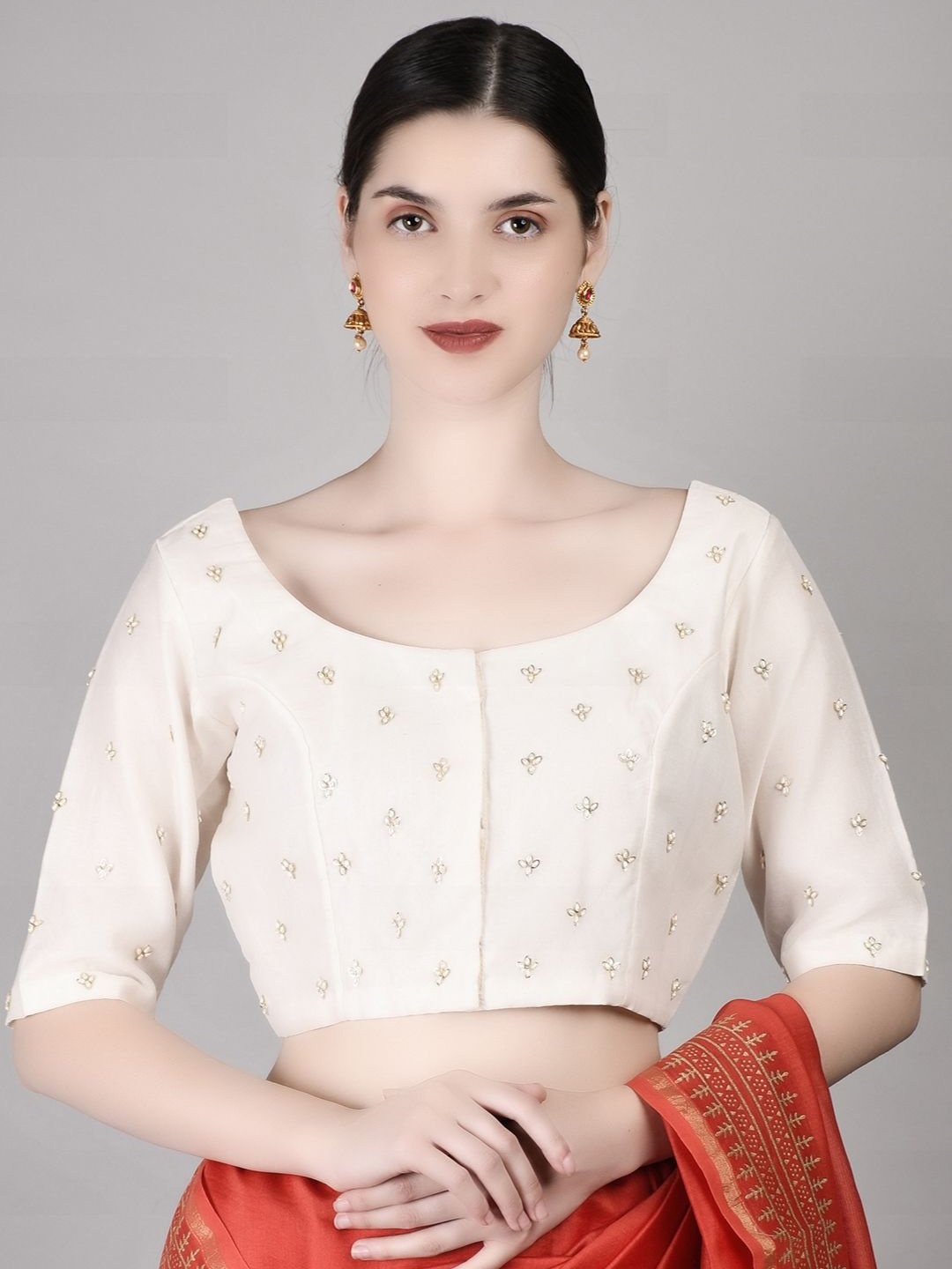 

PALASH Hand Embroidered Silk Chanderi Saree Blouse, White