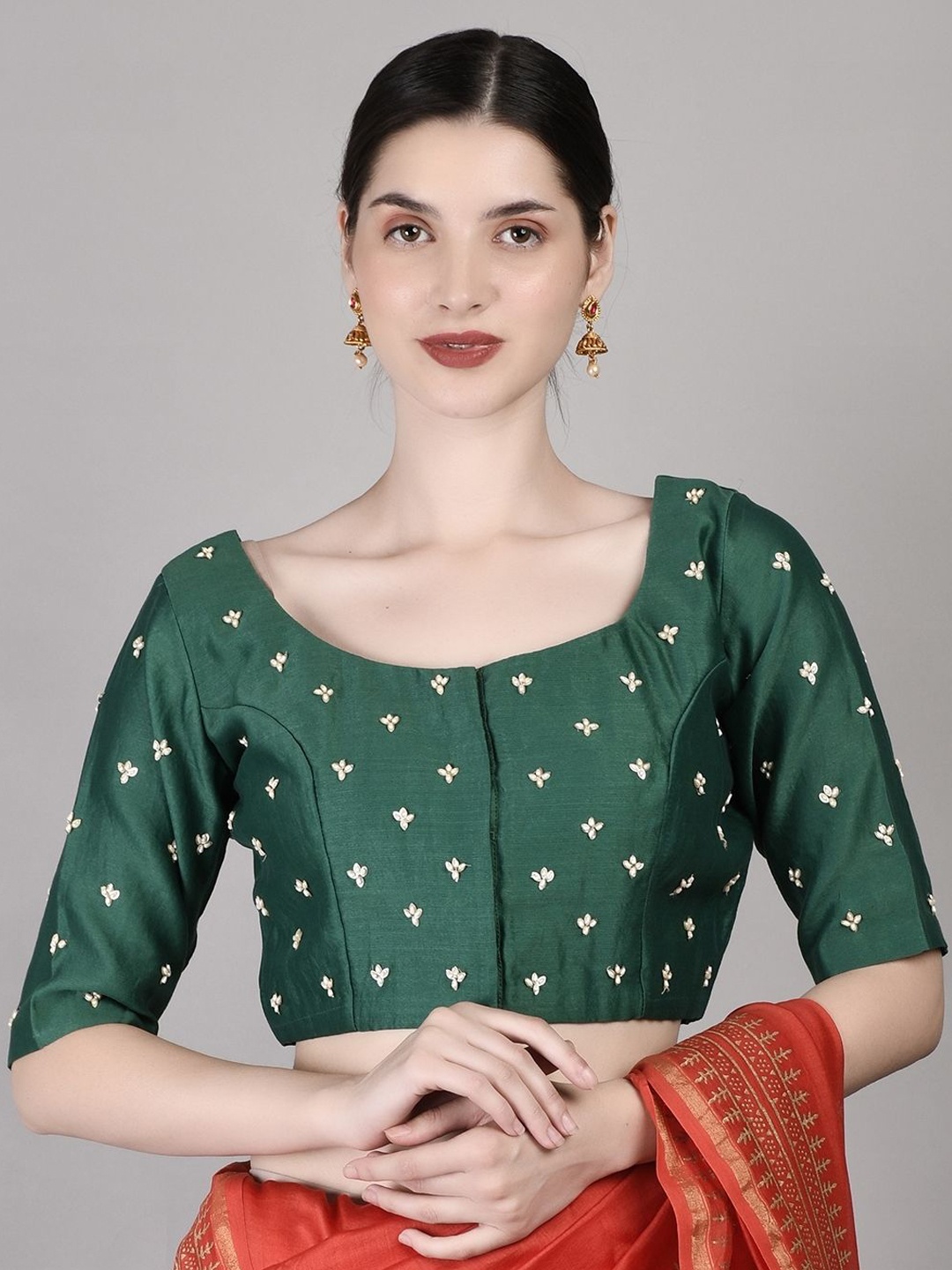 

PALASH Embellished Beads and Stones Boat Neck Chanderi Blouse, Green