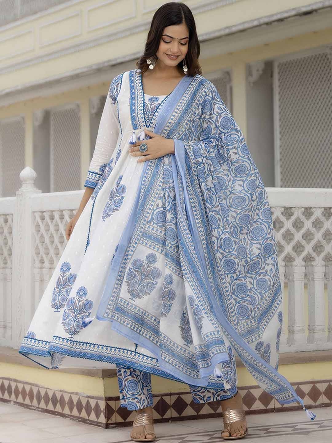 

Anouk Blue Floral Printed V Neck Woven Design Pure Cotton Kurta With Pyjamas & Dupatta