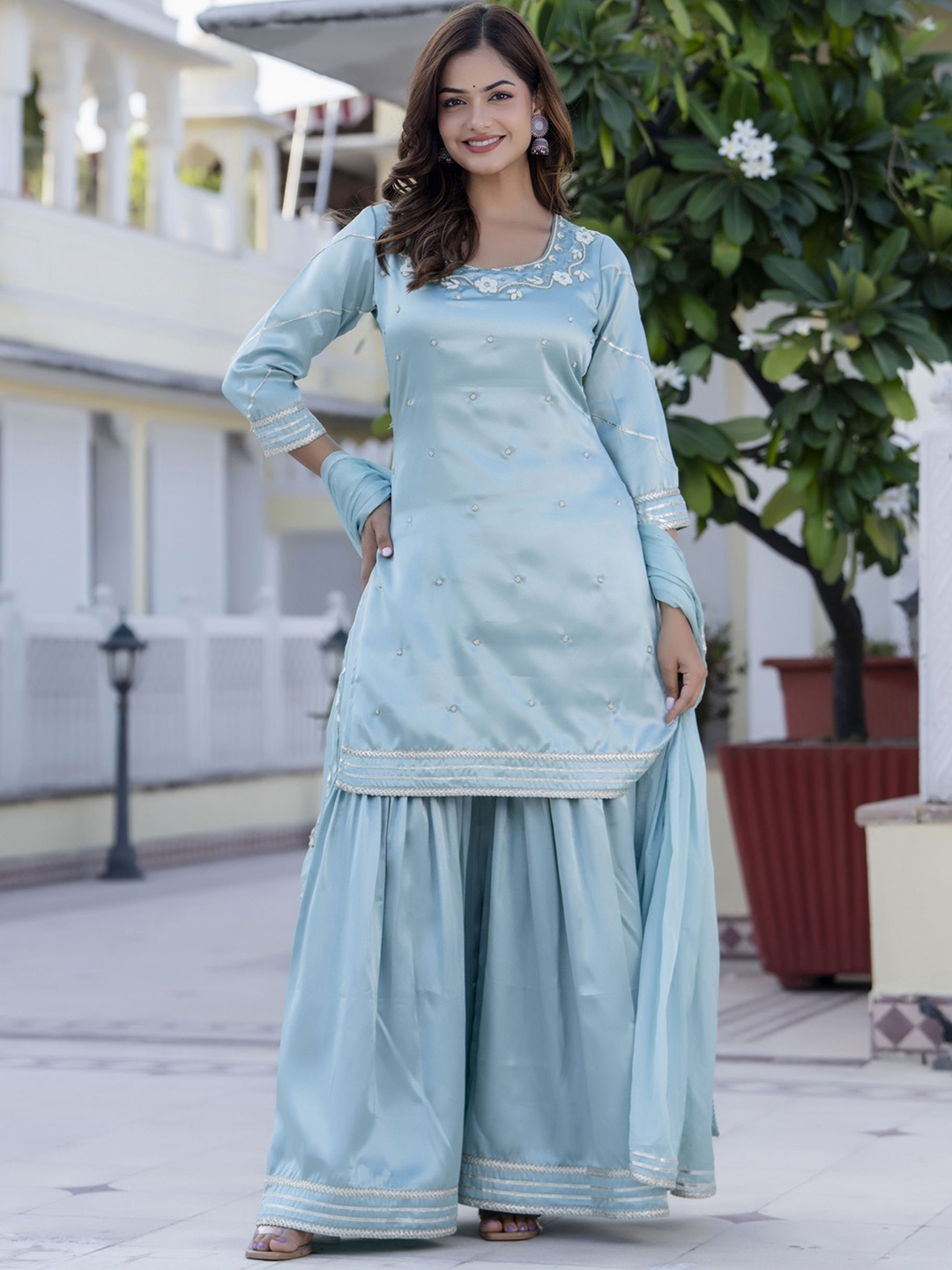 

Anouk Blue Floral Embroidered Round Neck Straight Kurti With Sharara And Dupatta