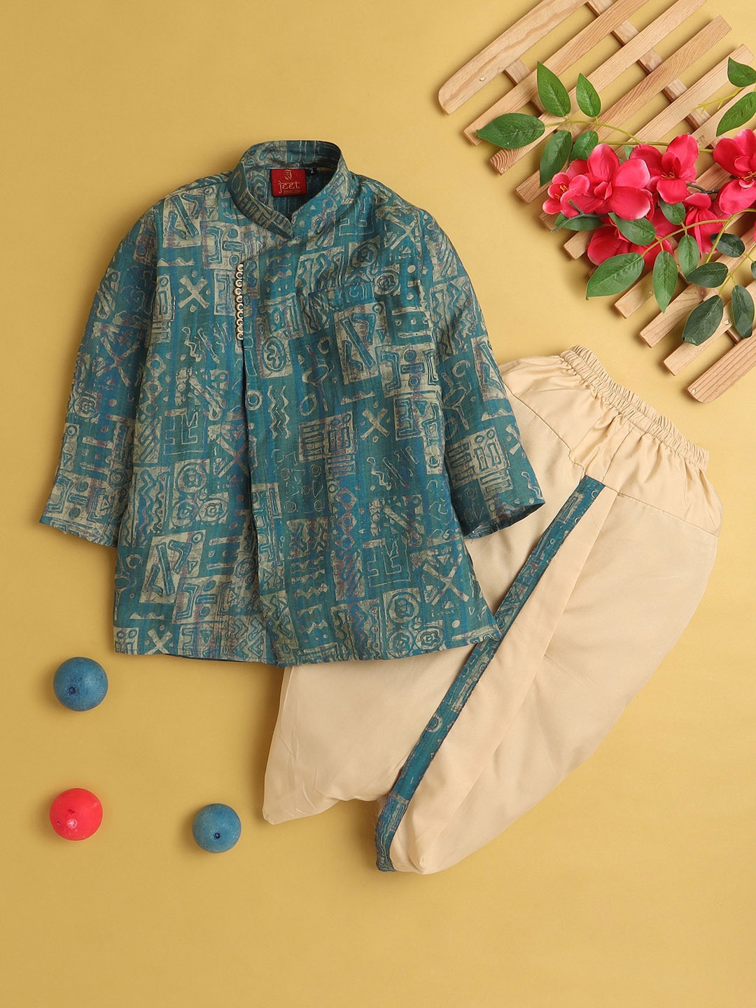 

BAESD Boys Ethnic Motifs Printed Mandarin Collar Kurta With Dhoti Pants, Teal