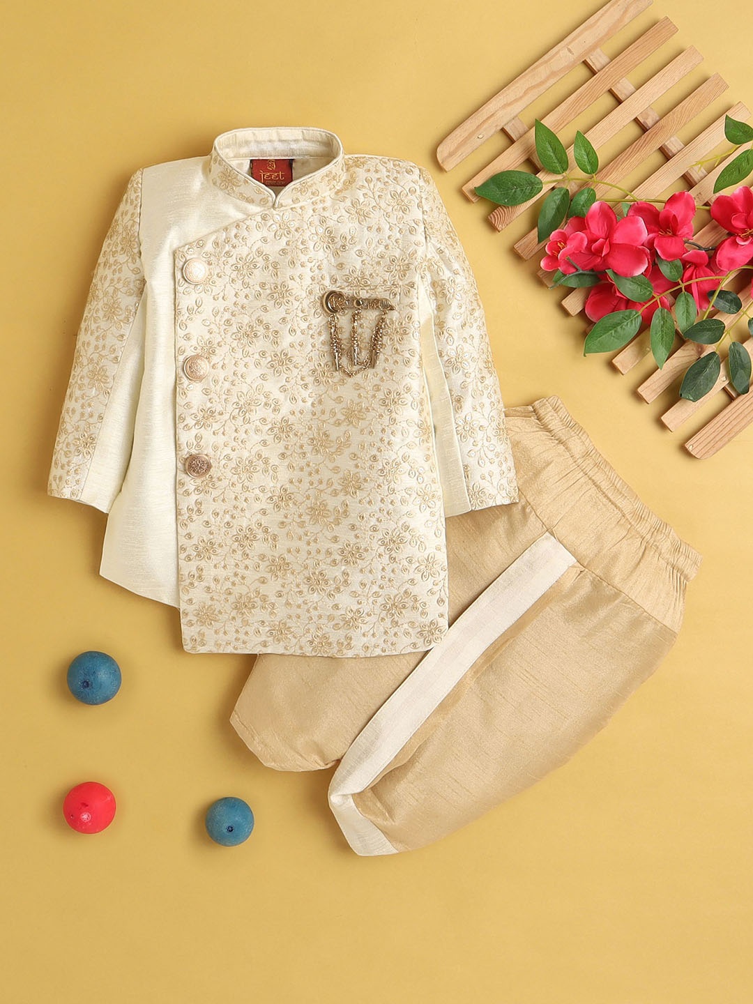 

BAESD Boys Floral Thread Work Mandarin Collar Kurta with Dhoti Pants, Cream