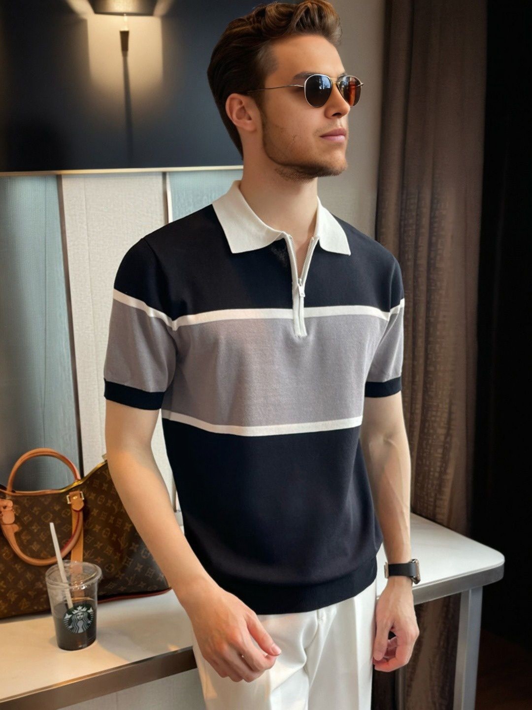 

StyleCast Men Striped Polo Collar Cotton T-shirt, Navy blue