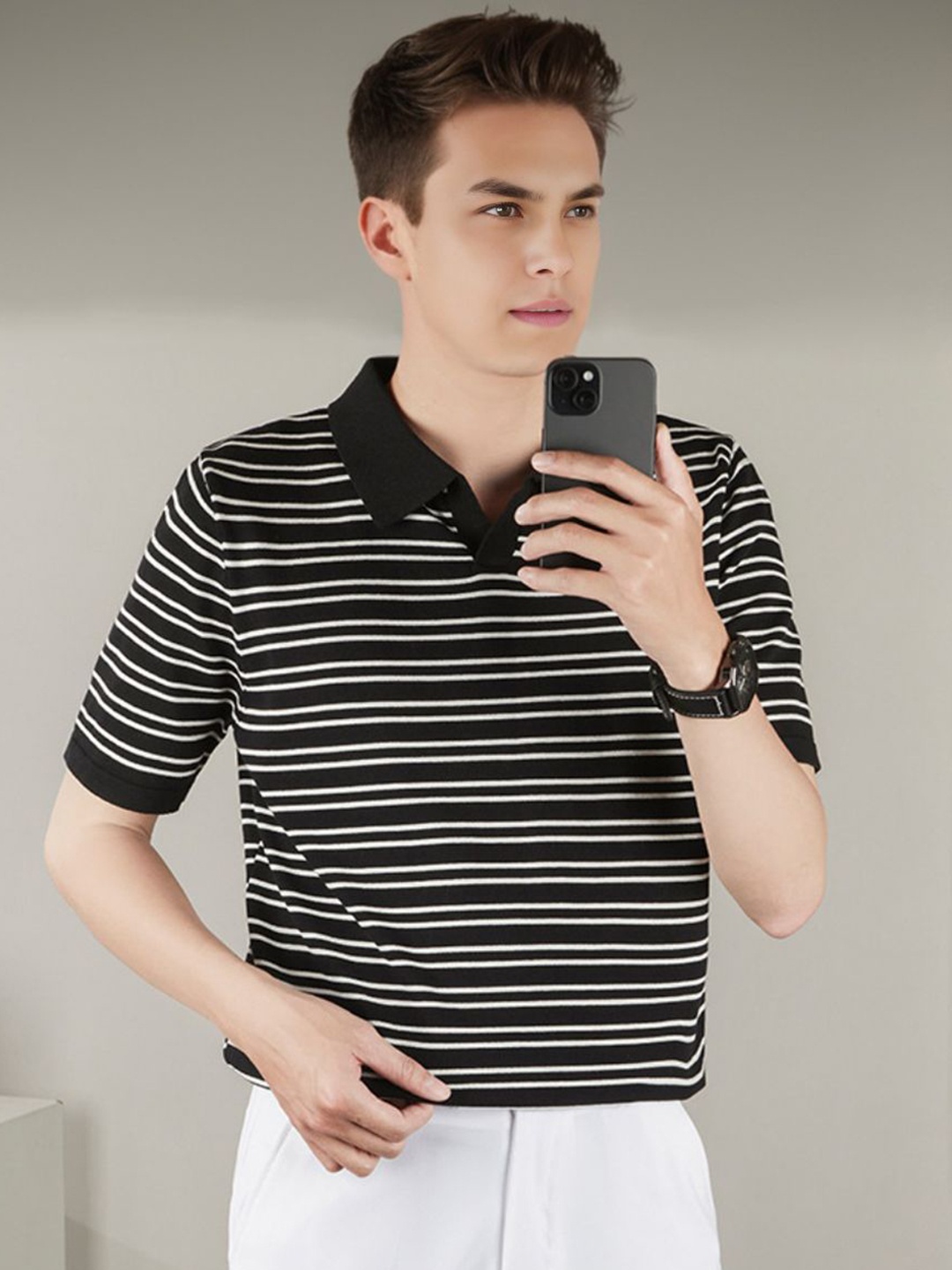 

StyleCast Men Striped Polo Collar Cotton T-shirt, Black