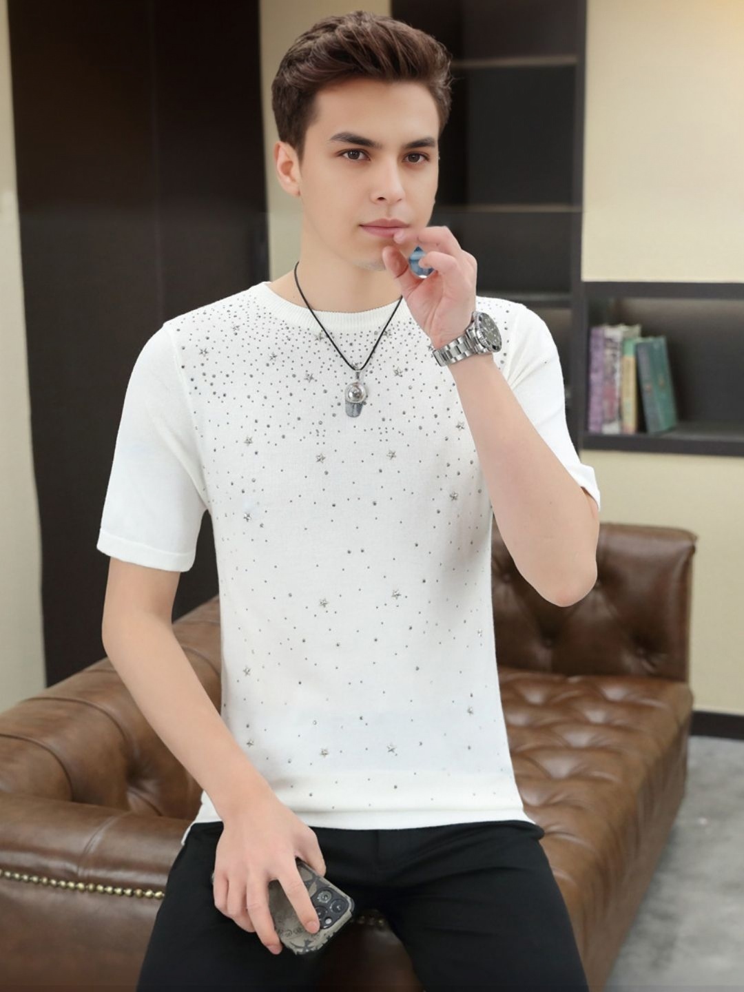 

StyleCast Men Self Design Round Neck Cotton T-shirt, Cream