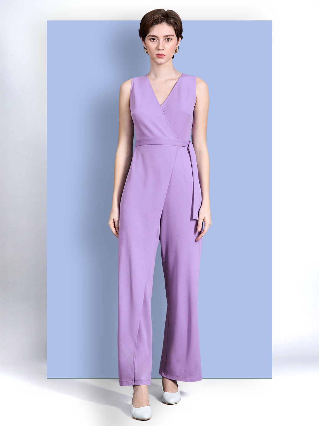 

Chemistry Women V-Neck Sleeveless Solid Wrap Regular Length Work wear Jumpsuit, Lavender