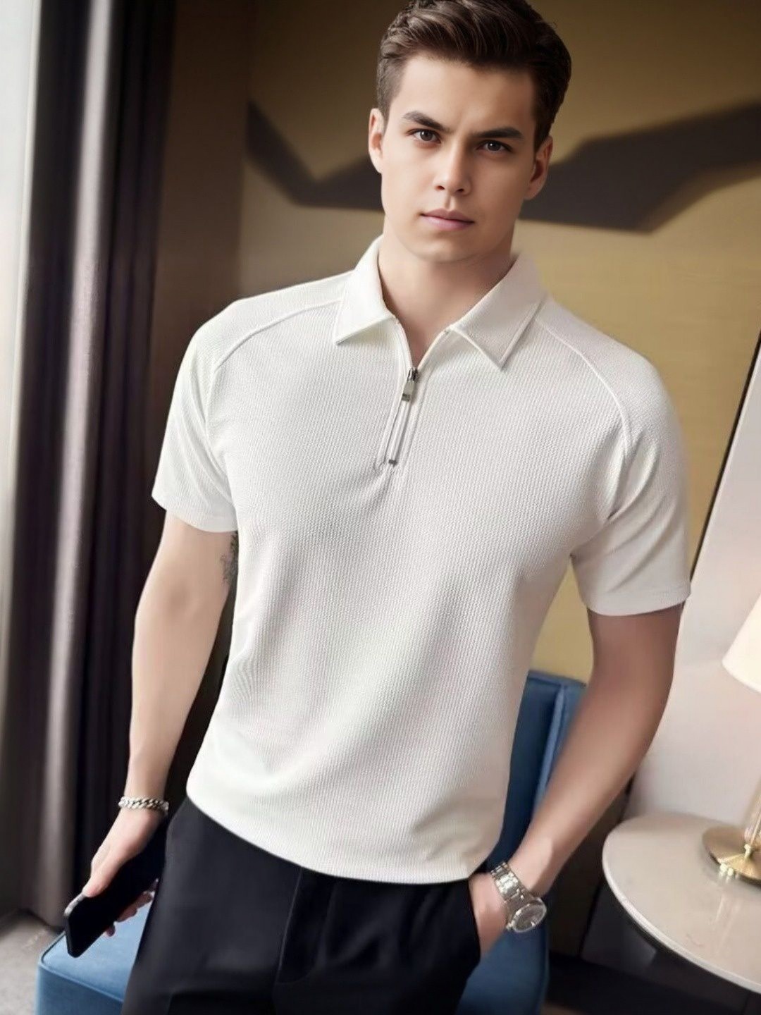 

StyleCast Men Solid Polo Collar Cotton T-shirt, Cream