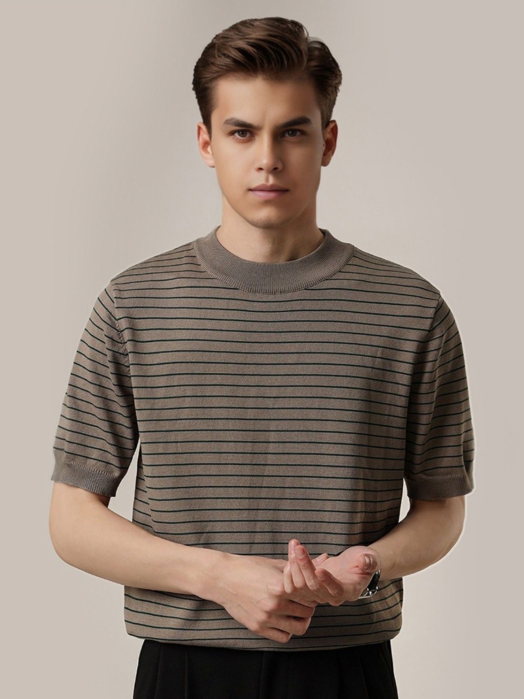 

StyleCast Men Striped Round Neck Cotton T-shirt, Brown