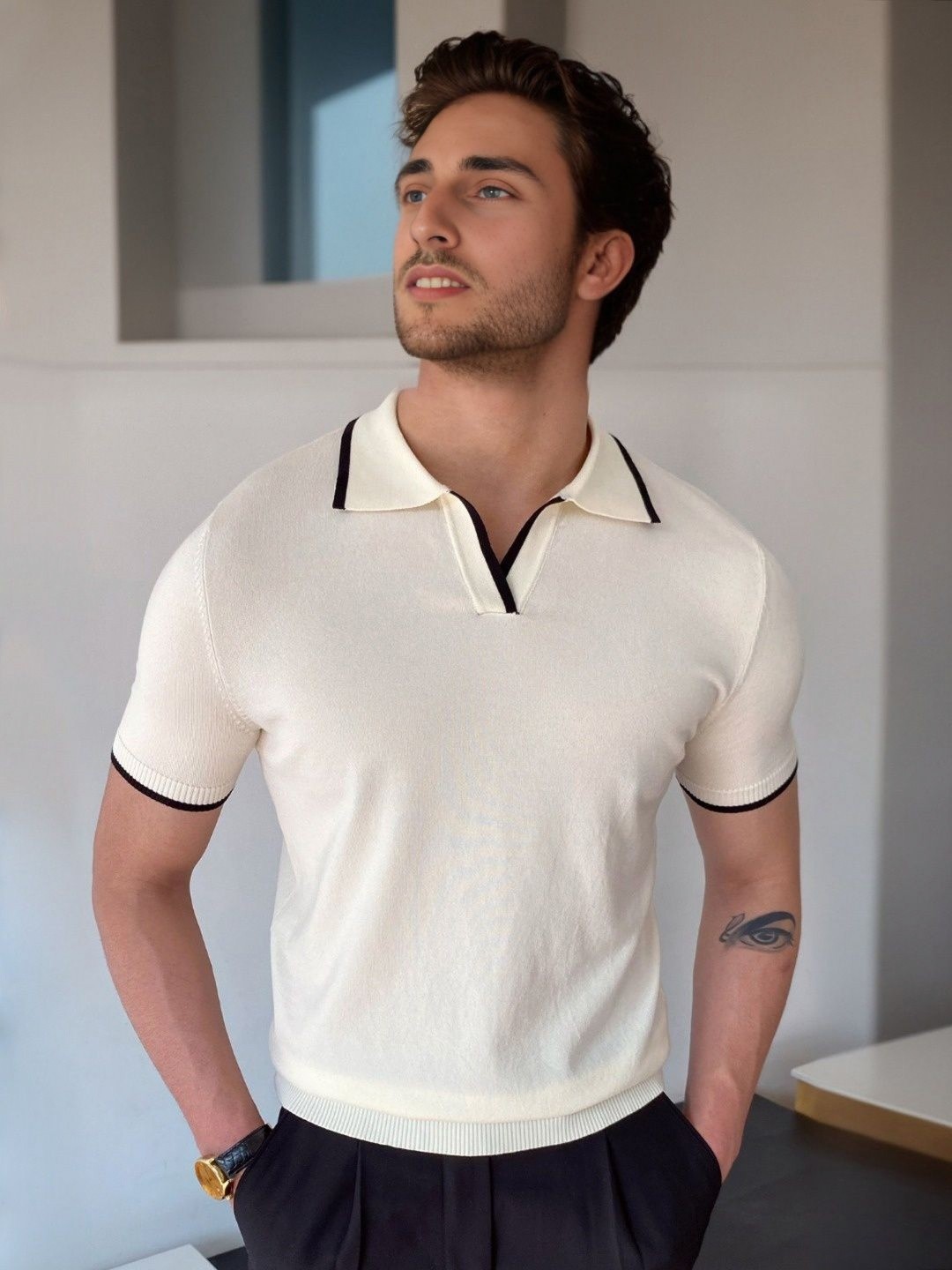 

StyleCast Men Solid Polo Collar Cotton T-shirt, Cream