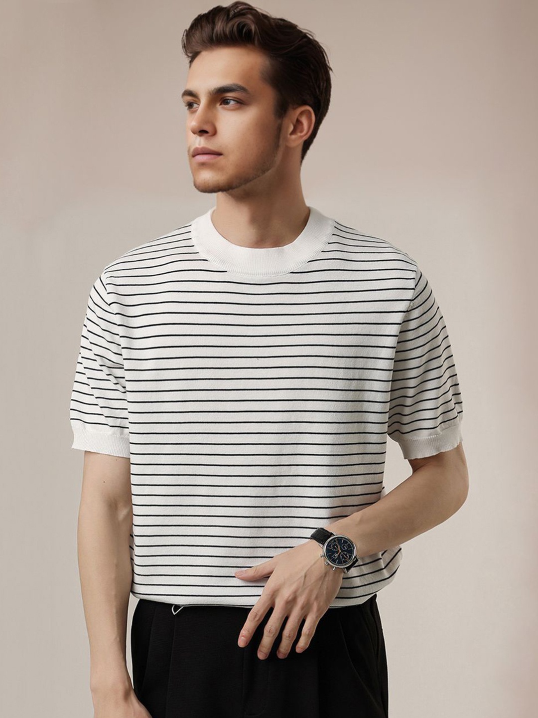 

StyleCast Men Striped Round Neck Cotton T-shirt, White