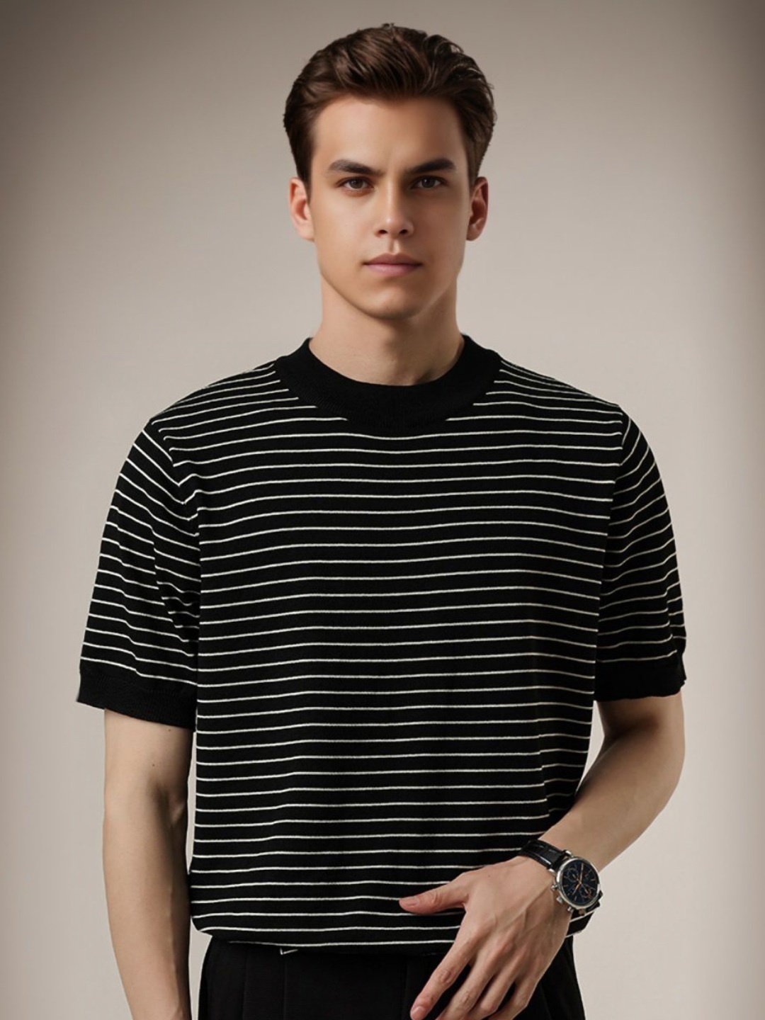 

StyleCast Men Striped Round Neck Cotton T-shirt, Black