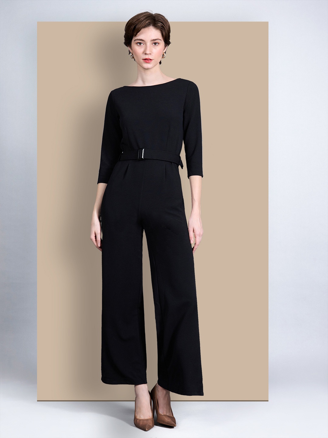 

Chemistry Women Round Neck Solid Belted Wide leg Side Slit Maxi Work wear Jumpsuit, Black