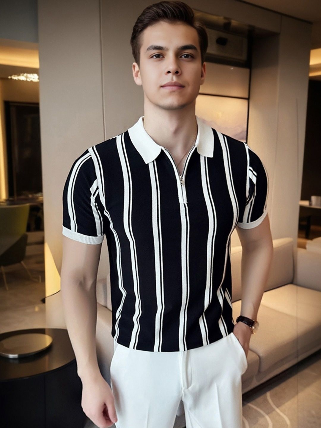 

StyleCast Men Striped Polo Collar Cotton T-shirt, Black