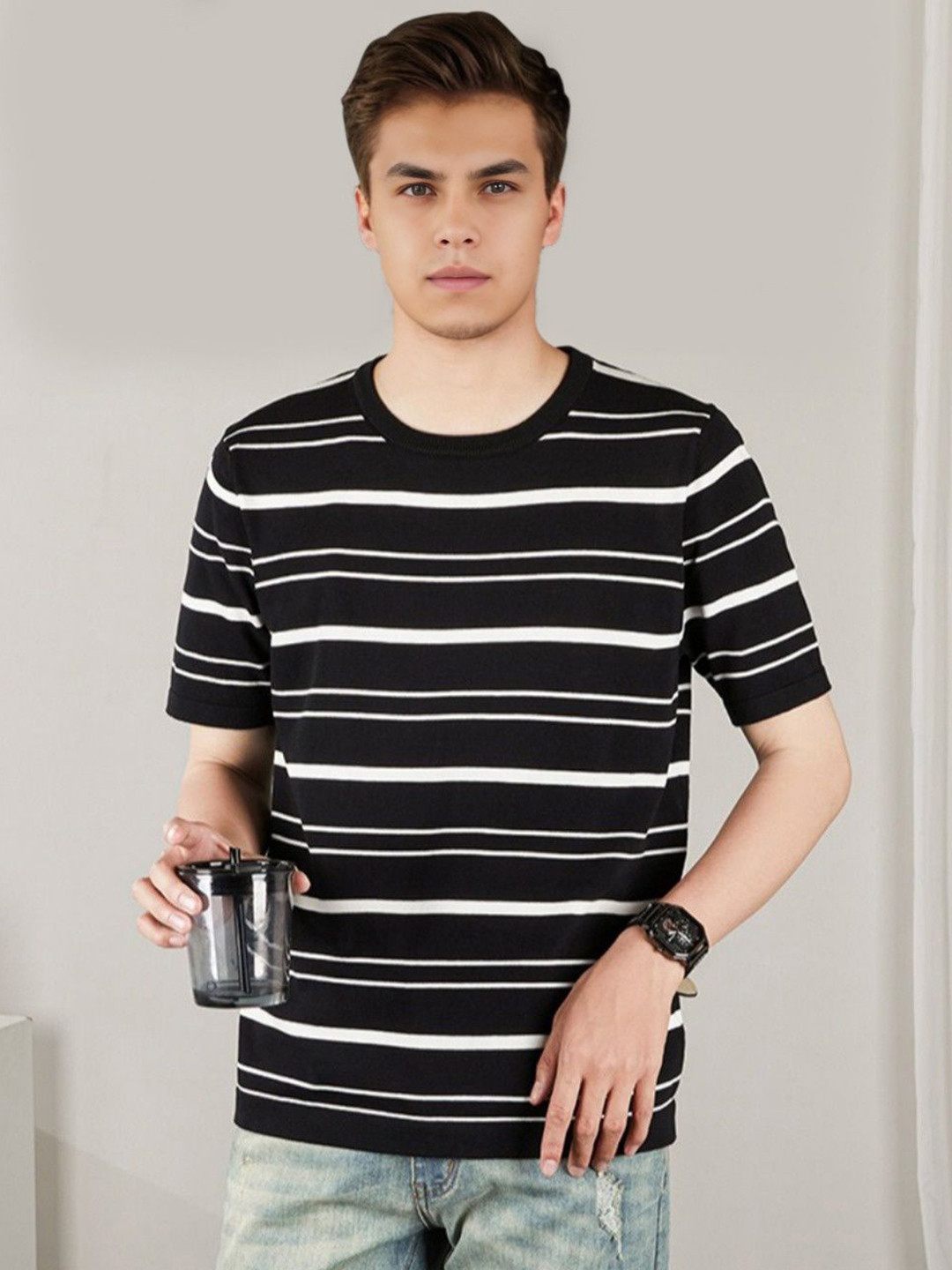 

StyleCast Men Striped Round Neck Cotton T-shirt, Black