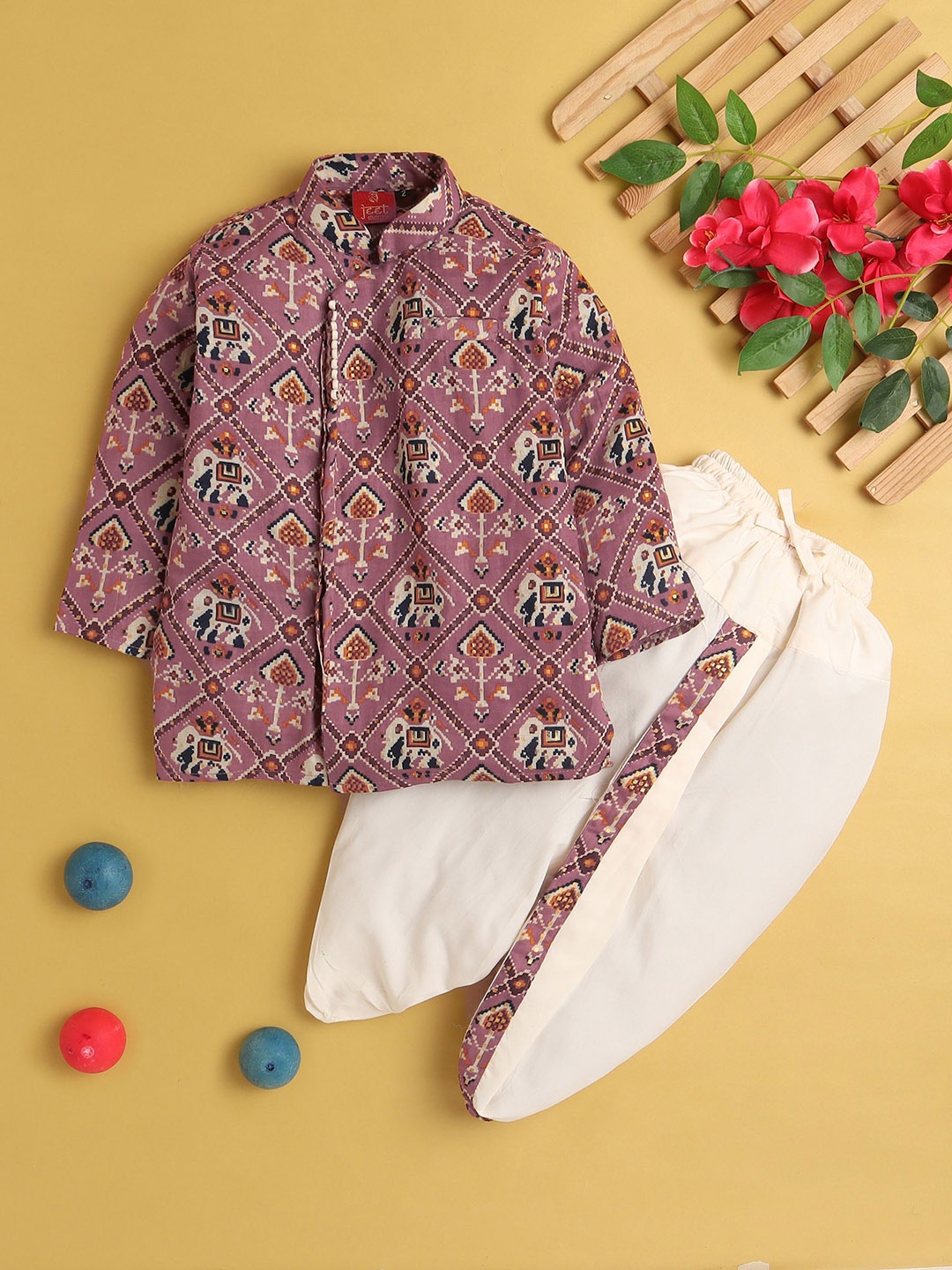 

BAESD Boys Ethnic Motifs Printed Mandarin Collar Kurta With Dhoti Pants, Mauve