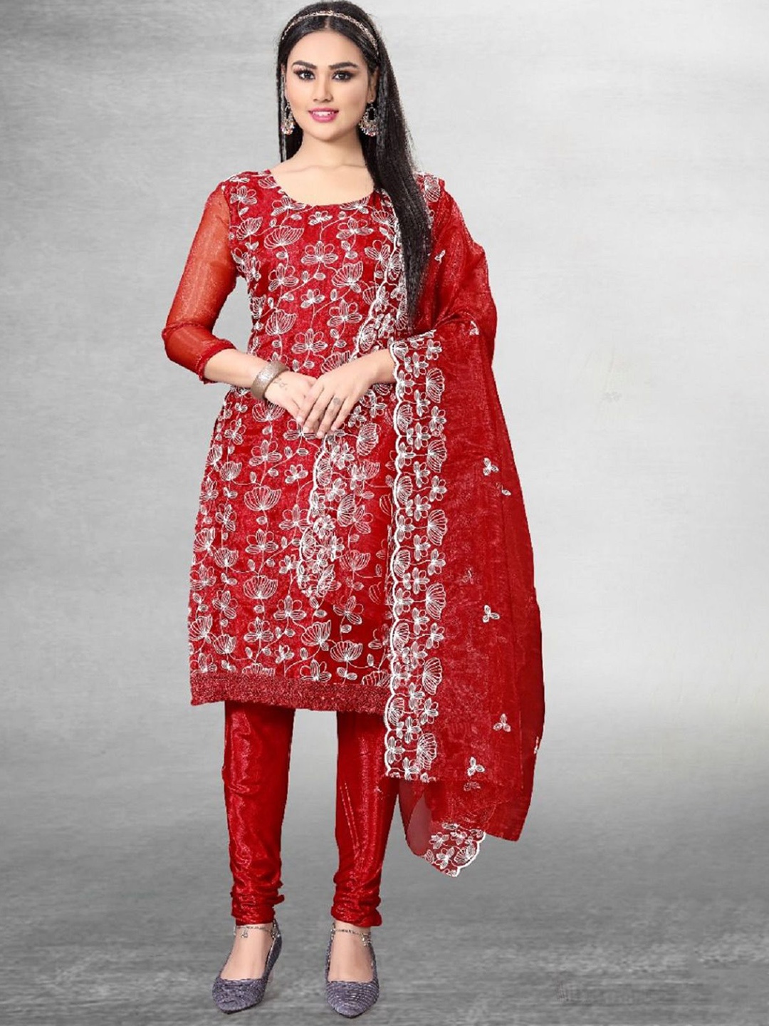 

A TO Z CART Floral Embroidered Organza Unstitched Dress Material, Red
