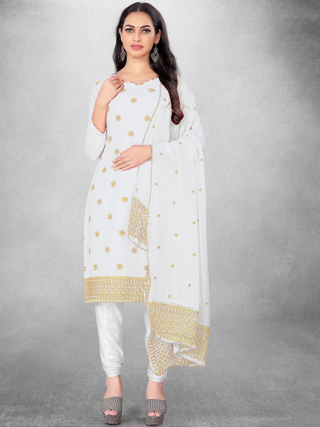 

A TO Z CART Floral Embroidered Silk Georgette Unstitched Dress Material, White