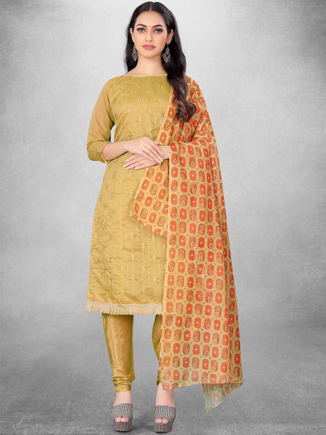 

A TO Z CART Floral Embroidered Chanderi Unstitched Dress Material, Yellow