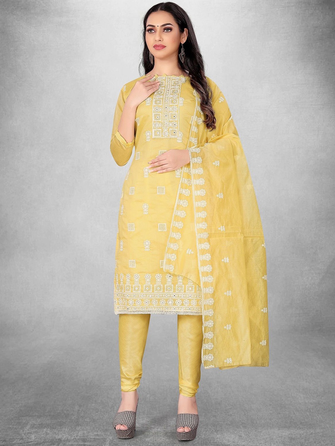 

A TO Z CART Floral Embroidered Sequinned Chanderi Unstitched Dress Material, Yellow