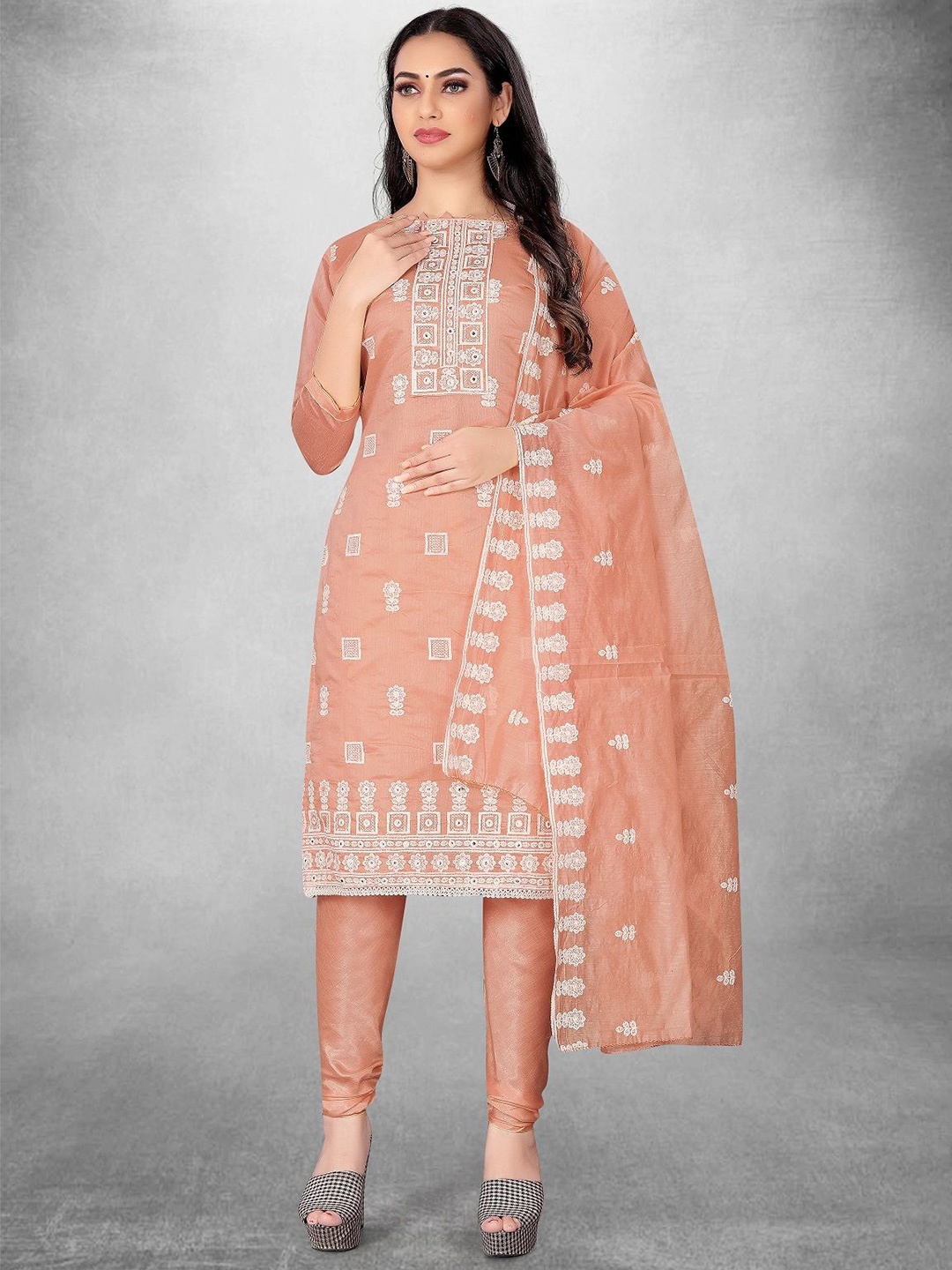 

A TO Z CART Floral Embroidered Unstitched Dress Material, Orange