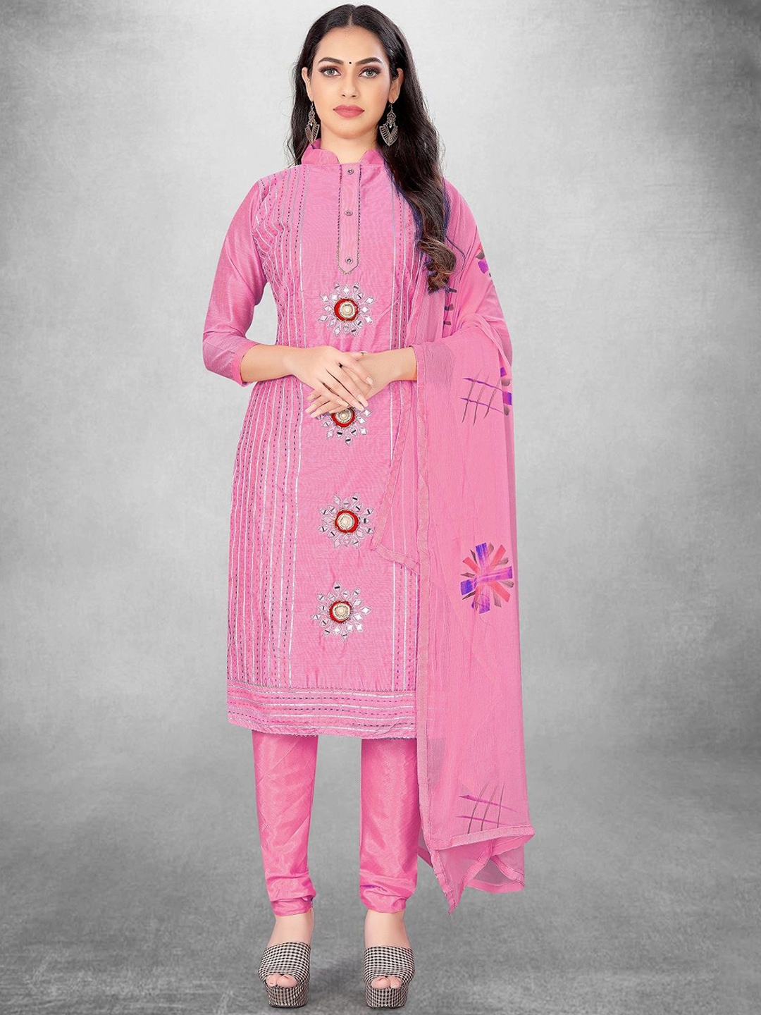 

A TO Z CART Floral Embroidered Mirror Work Unstitched Dress Material, Pink