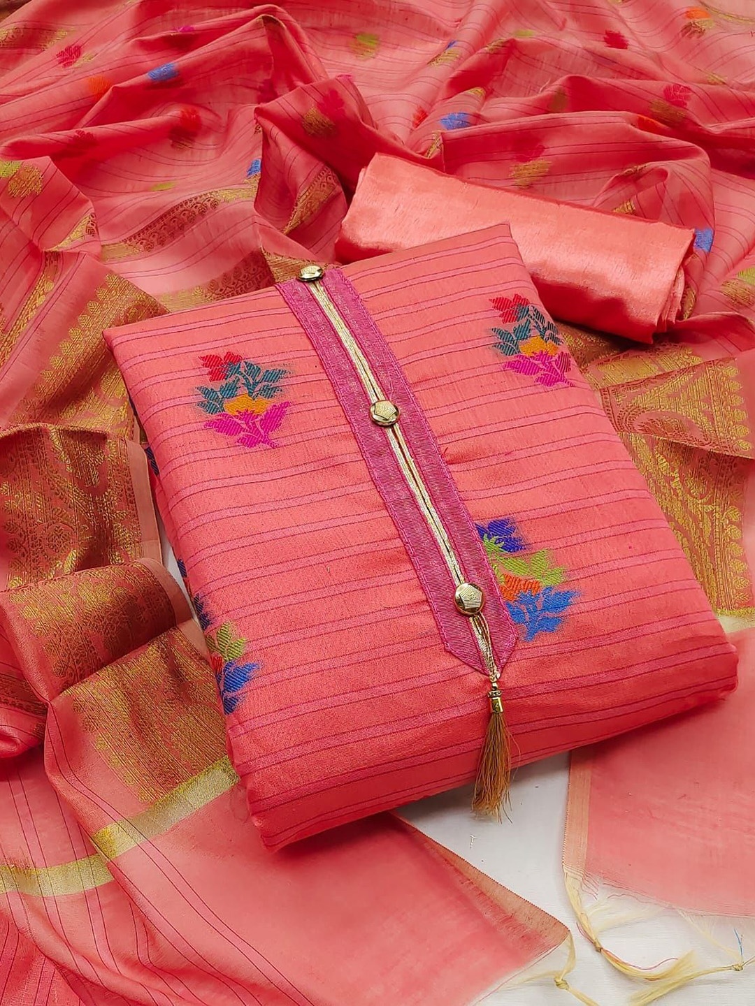 

A TO Z CART Floral Woven Design Pure Silk Unstitched Dress Material, Orange