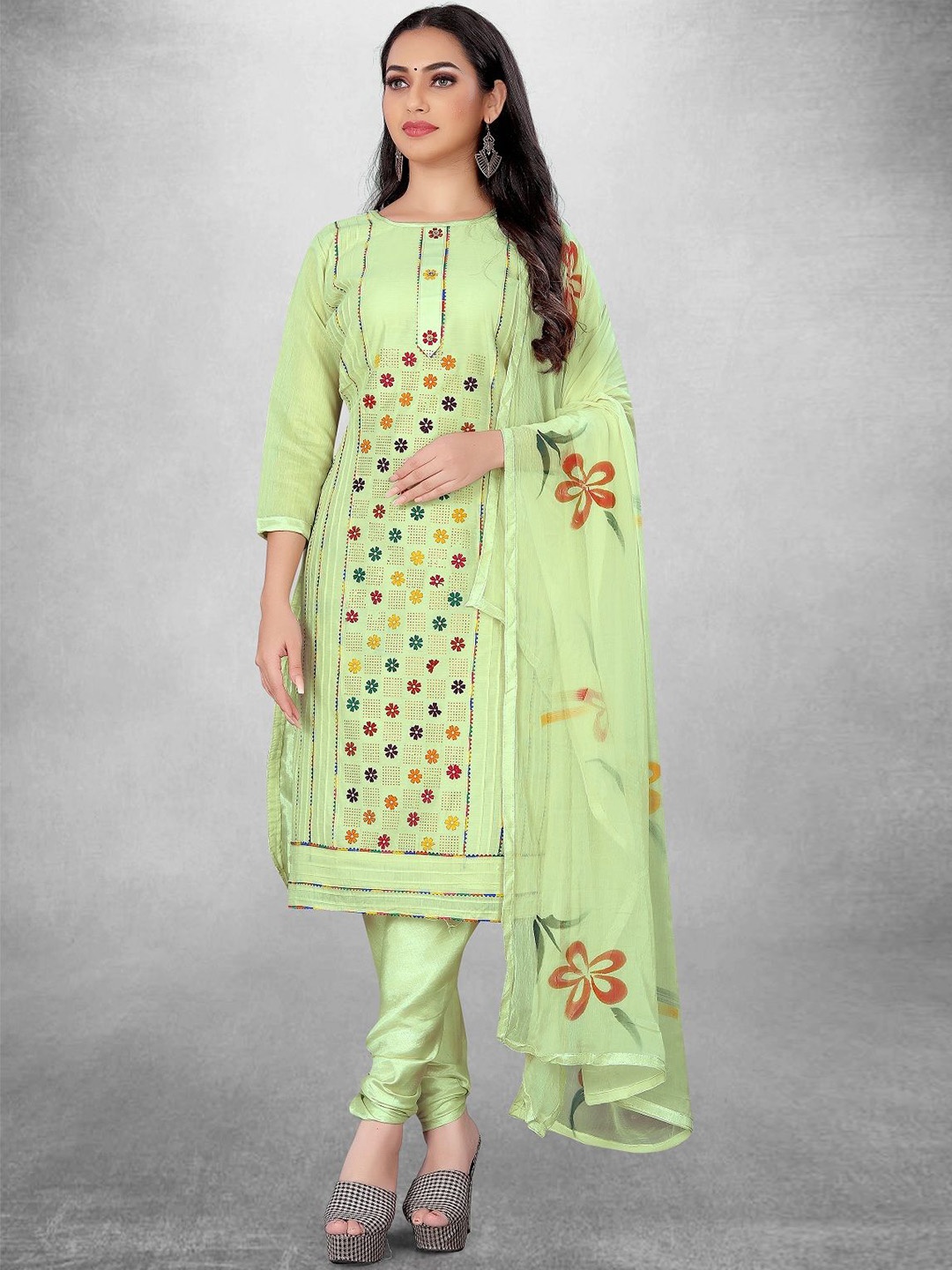

A TO Z CART Floral Printed Unstitched Dress Material, Lime green