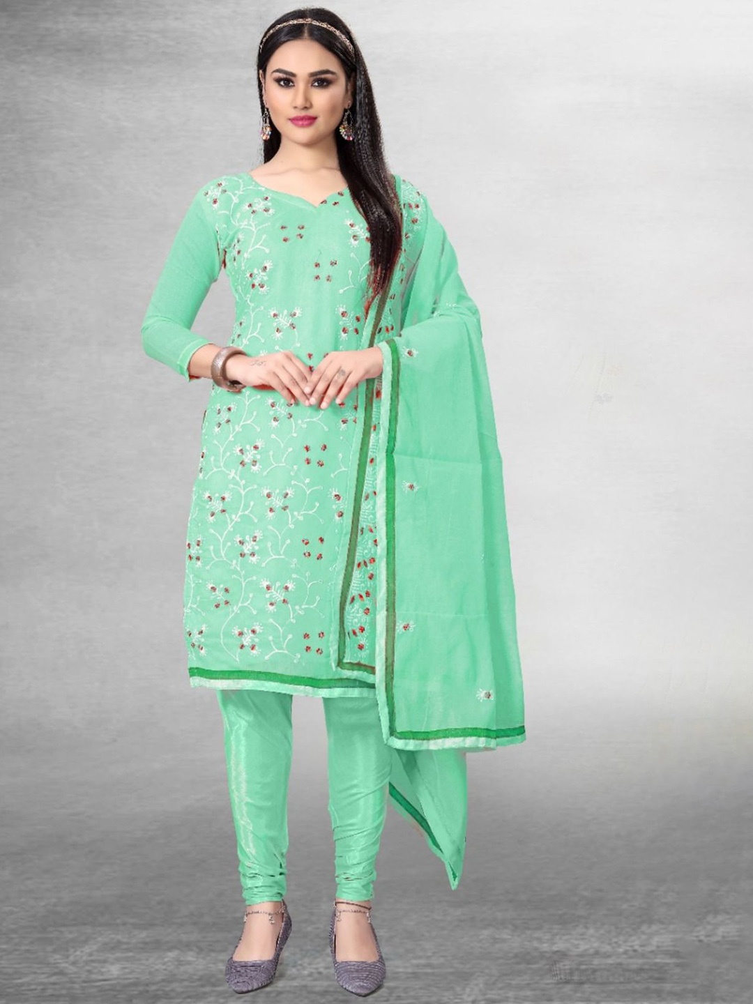 

A TO Z CART Floral Embroidered Chanderi Unstitched Dress Material, Sea green