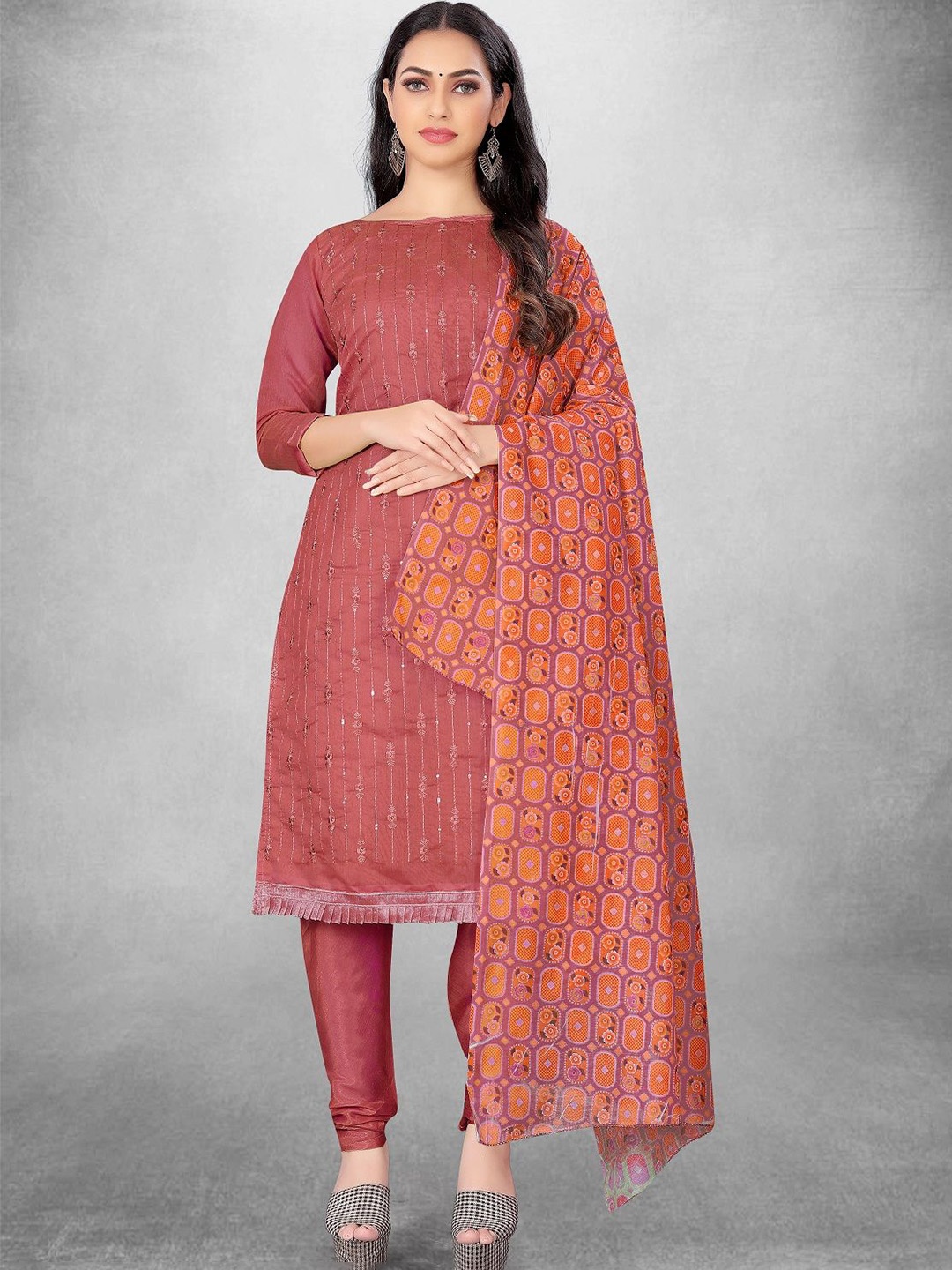 

A TO Z CART Floral Embroidered Unstitched Dress Material, Peach