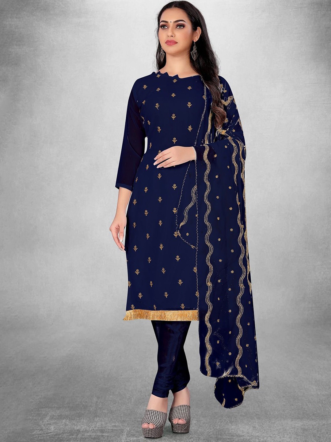 

A TO Z CART Floral Embroidered Silk Georgette Unstitched Dress Material, Navy blue