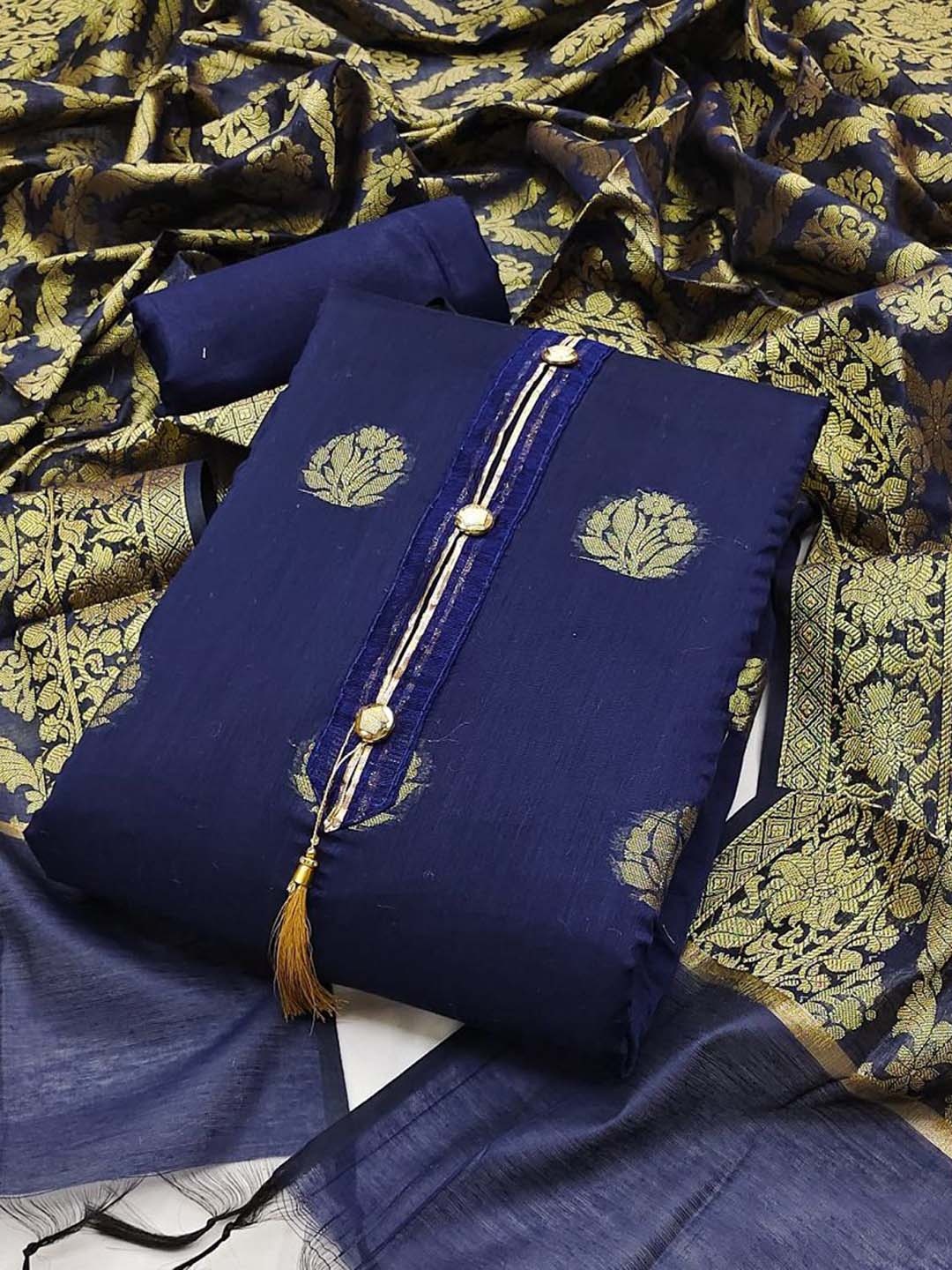

A TO Z CART Floral Woven Design Pure Silk Unstitched Dress Material, Navy blue