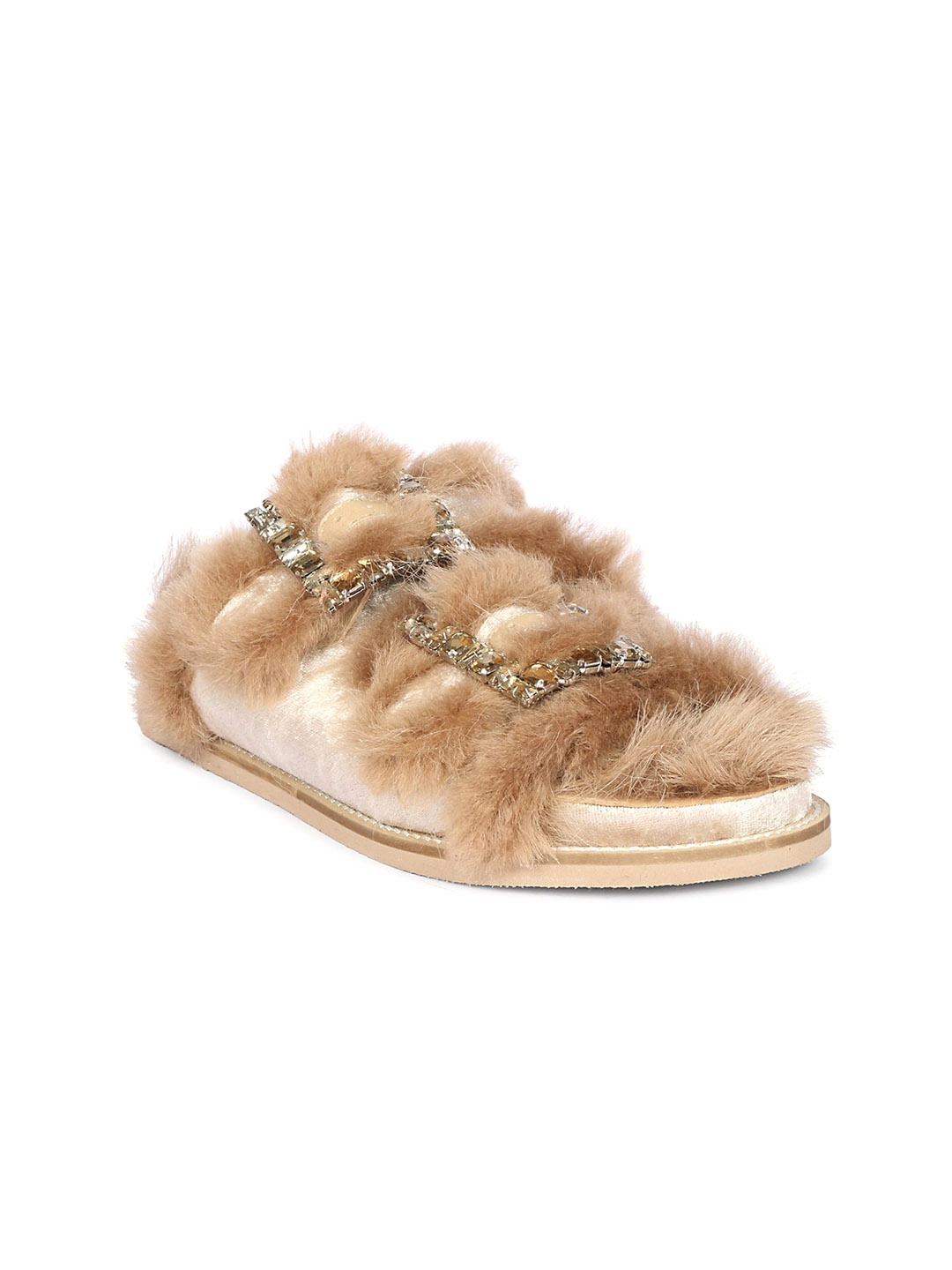 

Saint G Women Crystal Buckle Fur Snug Open Toe Flats, Beige