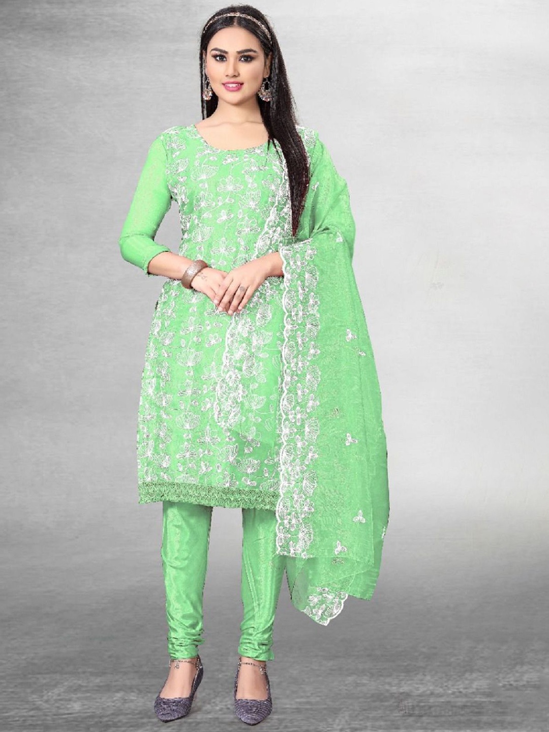 

A TO Z CART Floral Embroidered Organza Unstitched Dress Material, Lime green