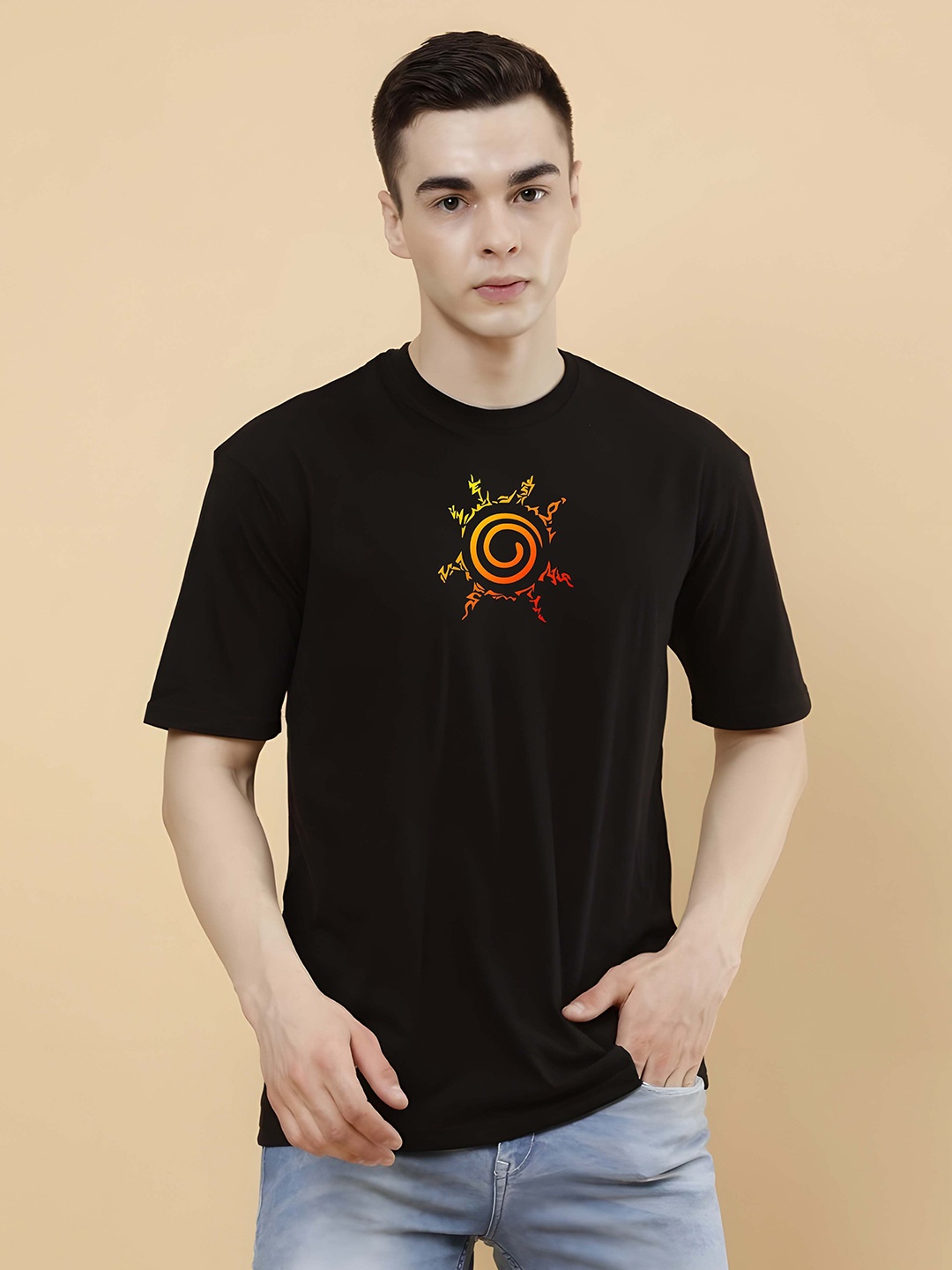 

KAIDO Men Graphic Printed Round Neck Pure Cotton Relaxed Fit T-shirt, Black